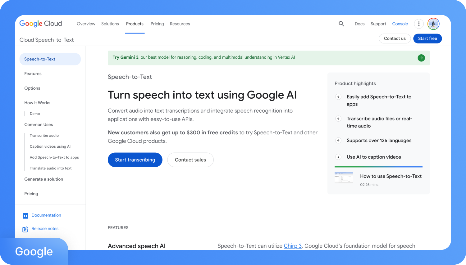 Een screenshot van de Google Cloud Speech-to-Text productpagina, waarop functies en voordelen zoals spraak-naar-tekst conversie via AI te zien zijn.