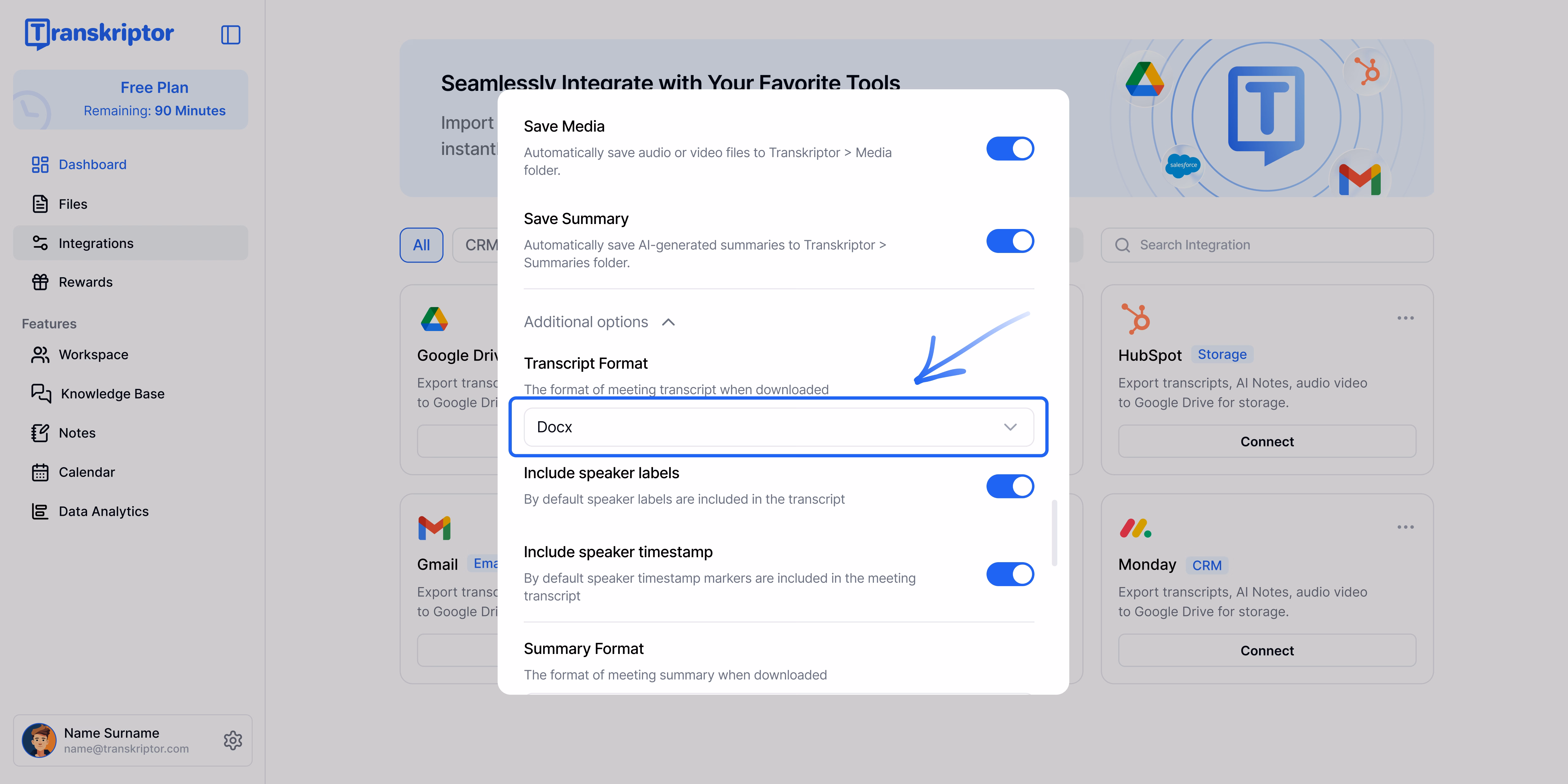Nastavení Transkriptoru zobrazující možnosti integrace s Google Drive.
