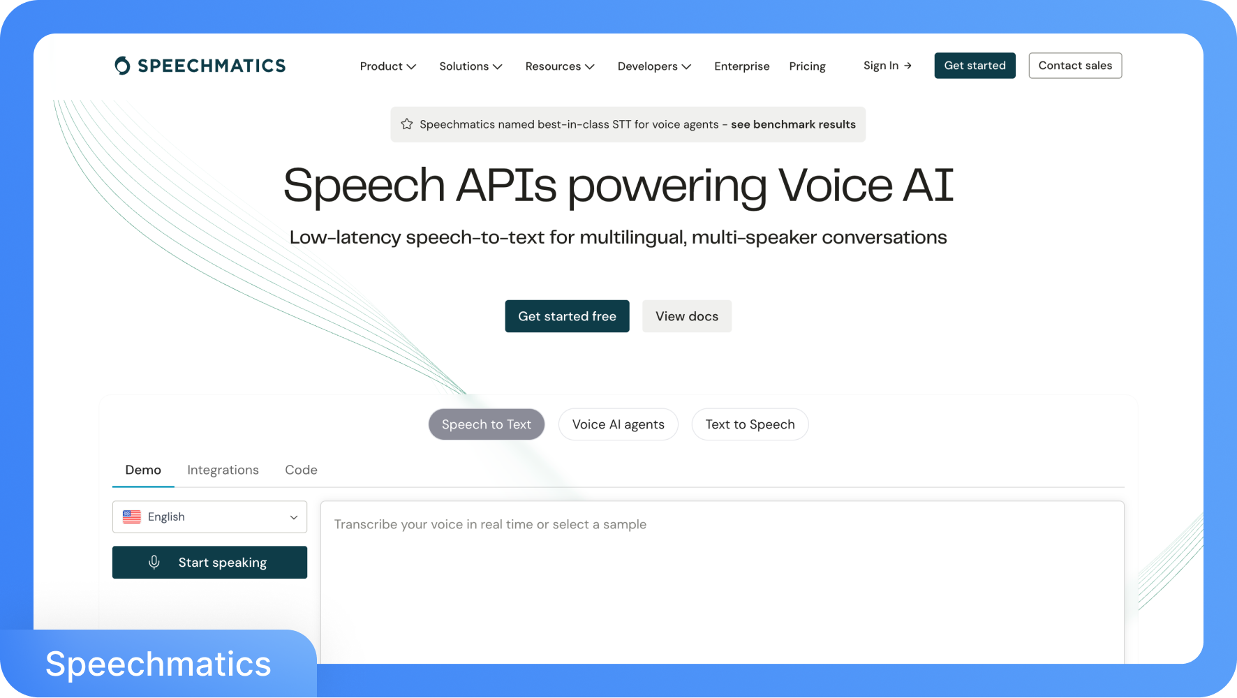 Sito web di Speechmatics che presenta le loro API vocali per l'IA vocale, con opzioni per il transkriptor, agenti vocali IA e sintesi vocale.