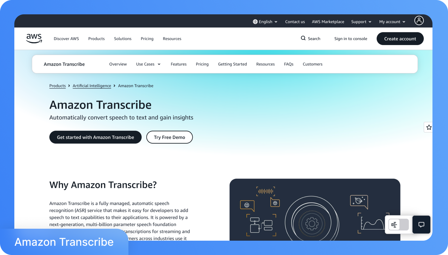 Uma captura de tela do site Amazon Transcribe exibindo informações sobre o serviço de fala para texto.