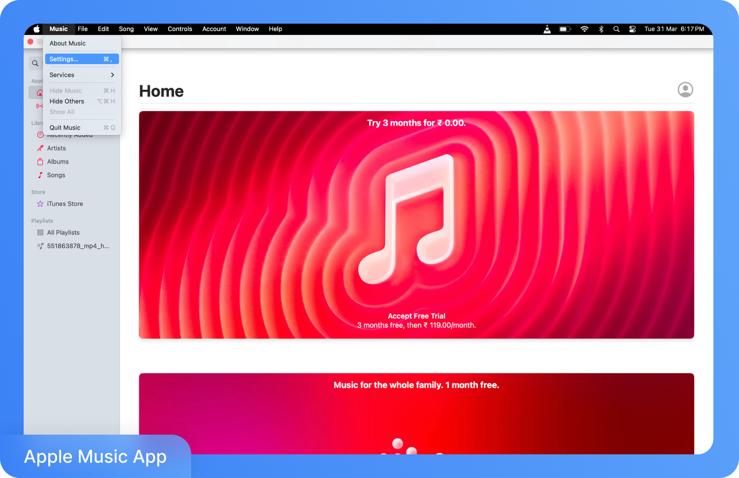Скріншот інтерфейсу Apple Music: головний екран із великою іконкою ноти на червоному фоні та різними пунктами меню.