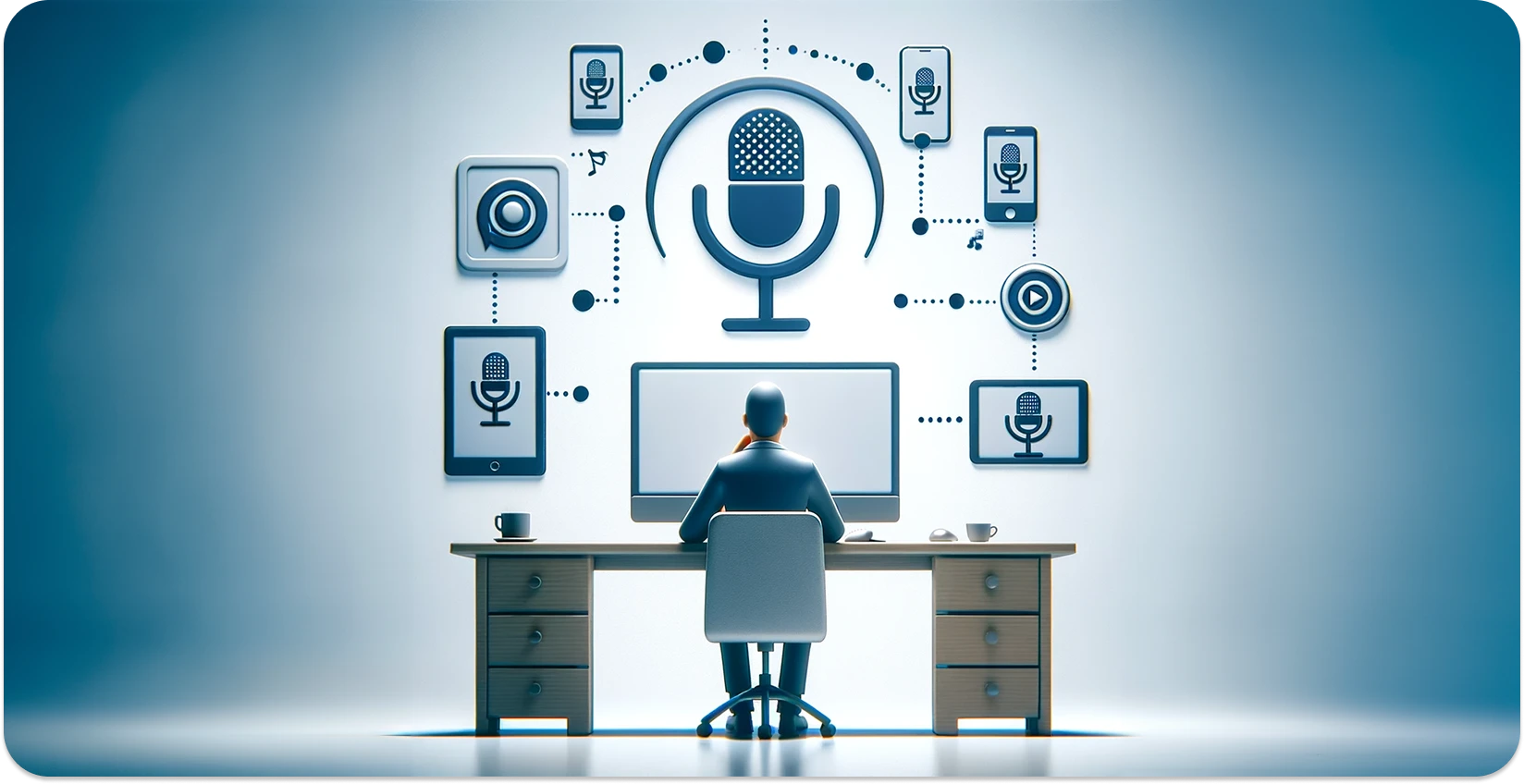 Потребителски интерфейс с различни инструменти за диктуване, символизиращи избора на подходящ софтуер.