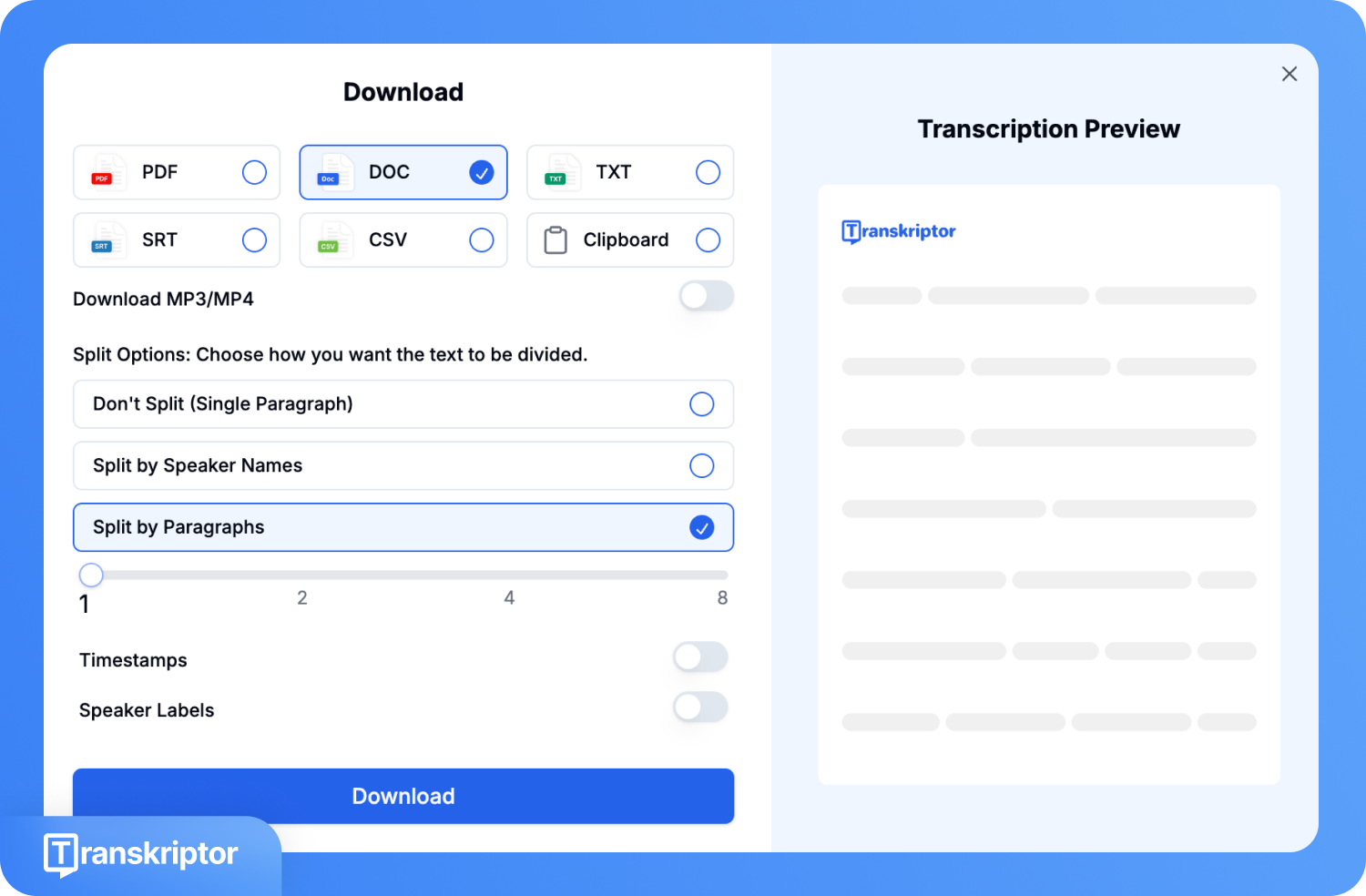 Скриншот інтерфейсу ПЗ для транскрипції: вікно попереднього перегляду та параметри завантаження з вибраним форматом «DOC» і функцією «Розділити за абзацами».