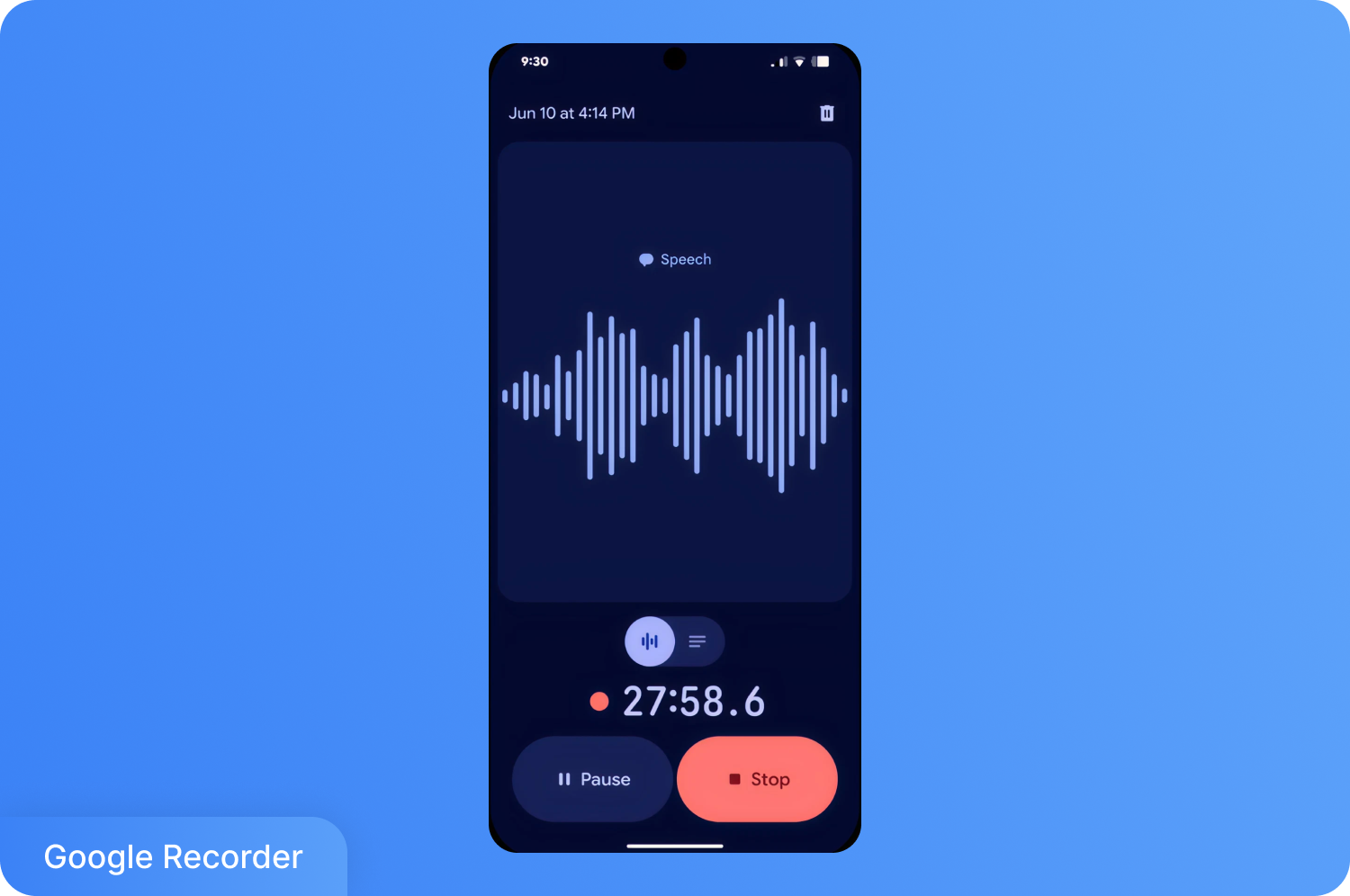 Android 手机上的 Google 记录工具应用截图，显示了音频波形、计时器以及“暂停”和“停止”按钮。