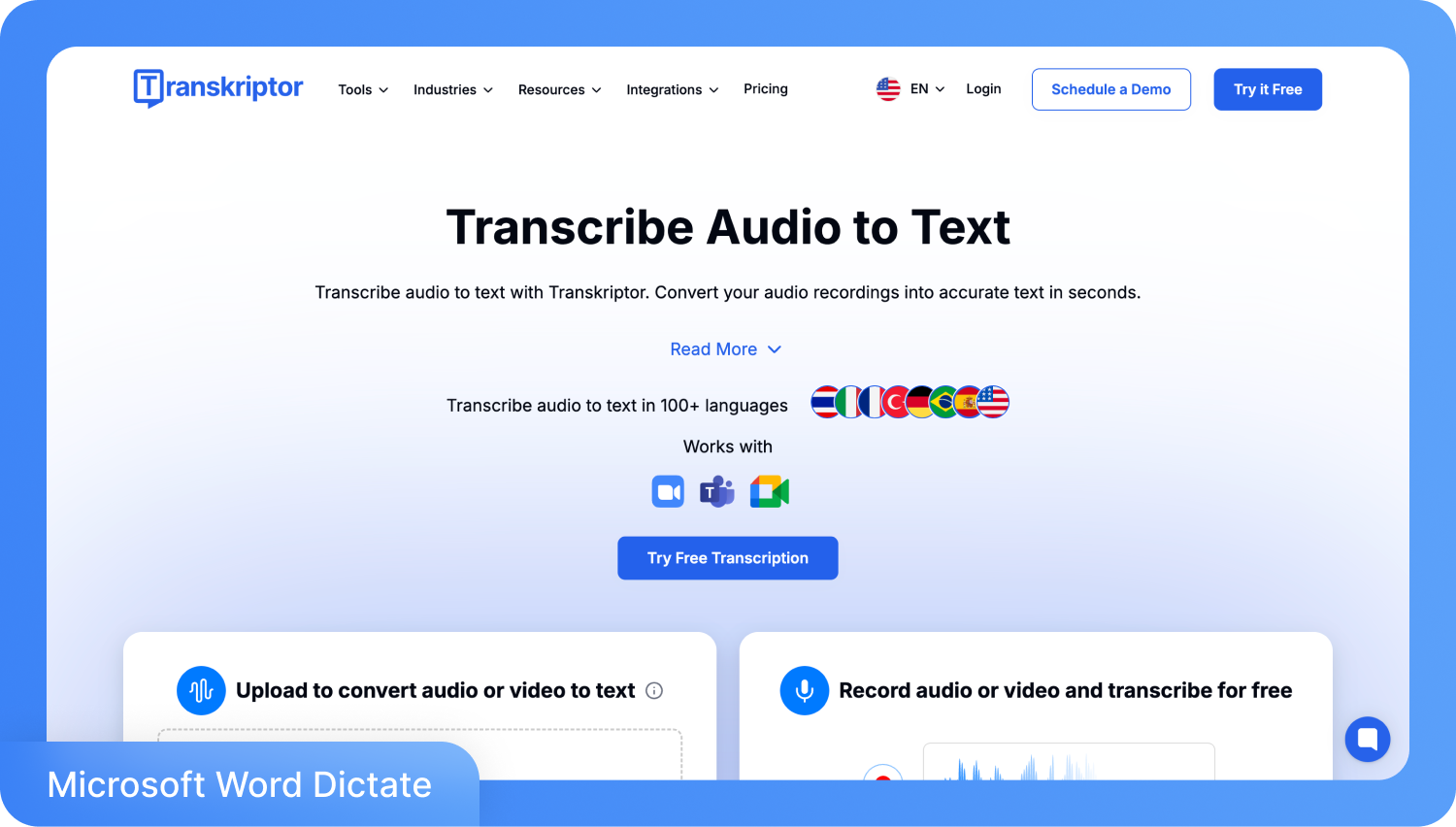 Egy képernyőkép a Transkriptor webhelyéről, amelyen a „Hangfájlok átírása szöveggé” főcím látható