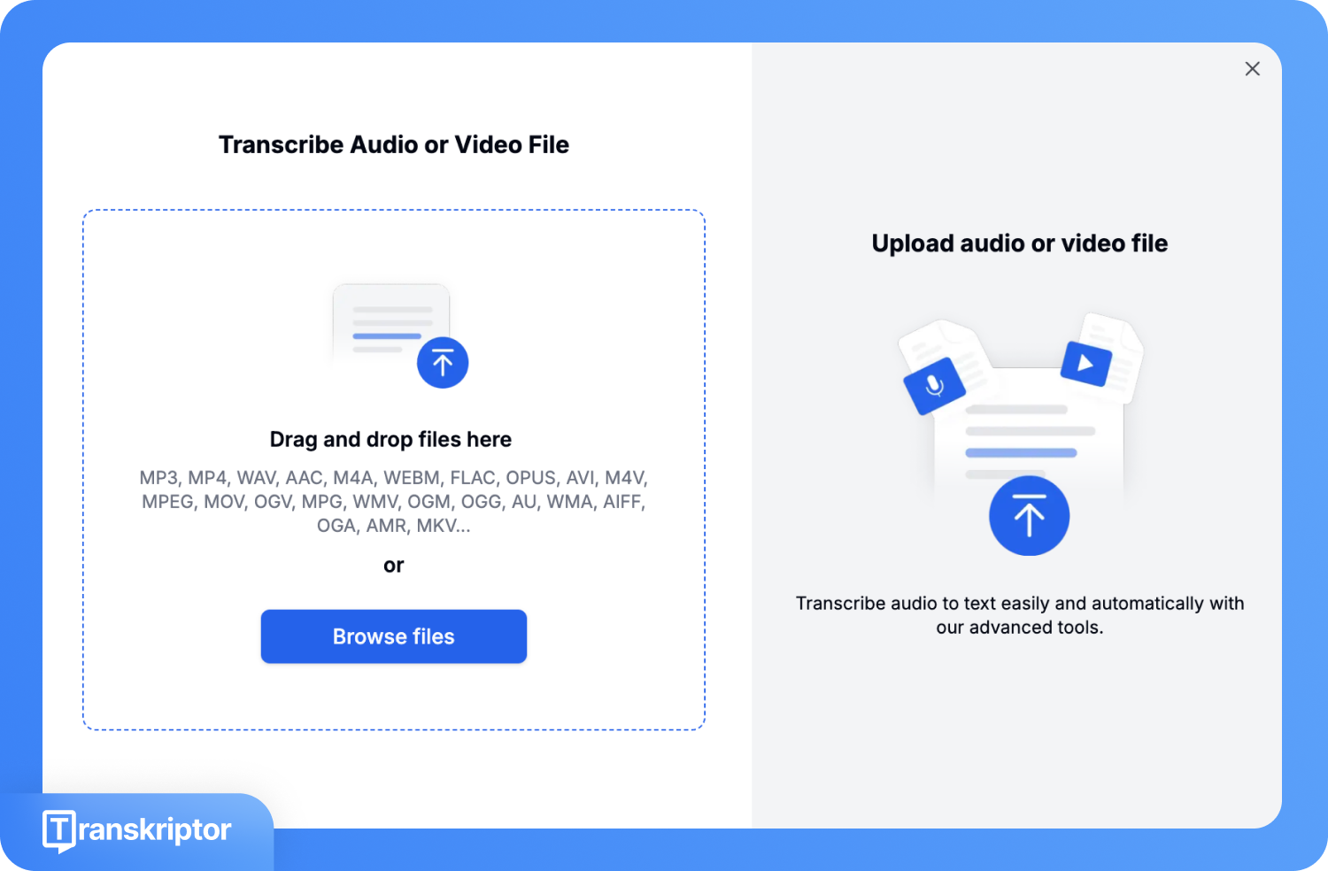 Скриншот інтерфейсу із заголовком «Розшифрувати аудіо- або відеофайл» та можливостями завантаження файлів шляхом перетягування або вибору з папки.