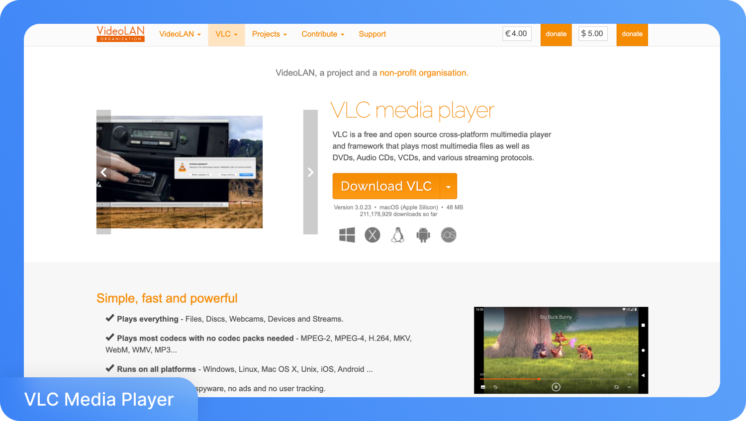 Скриншот сайту VLC media player, де видно кнопку «Завантажити VLC» та опис кросплатформної сумісності.