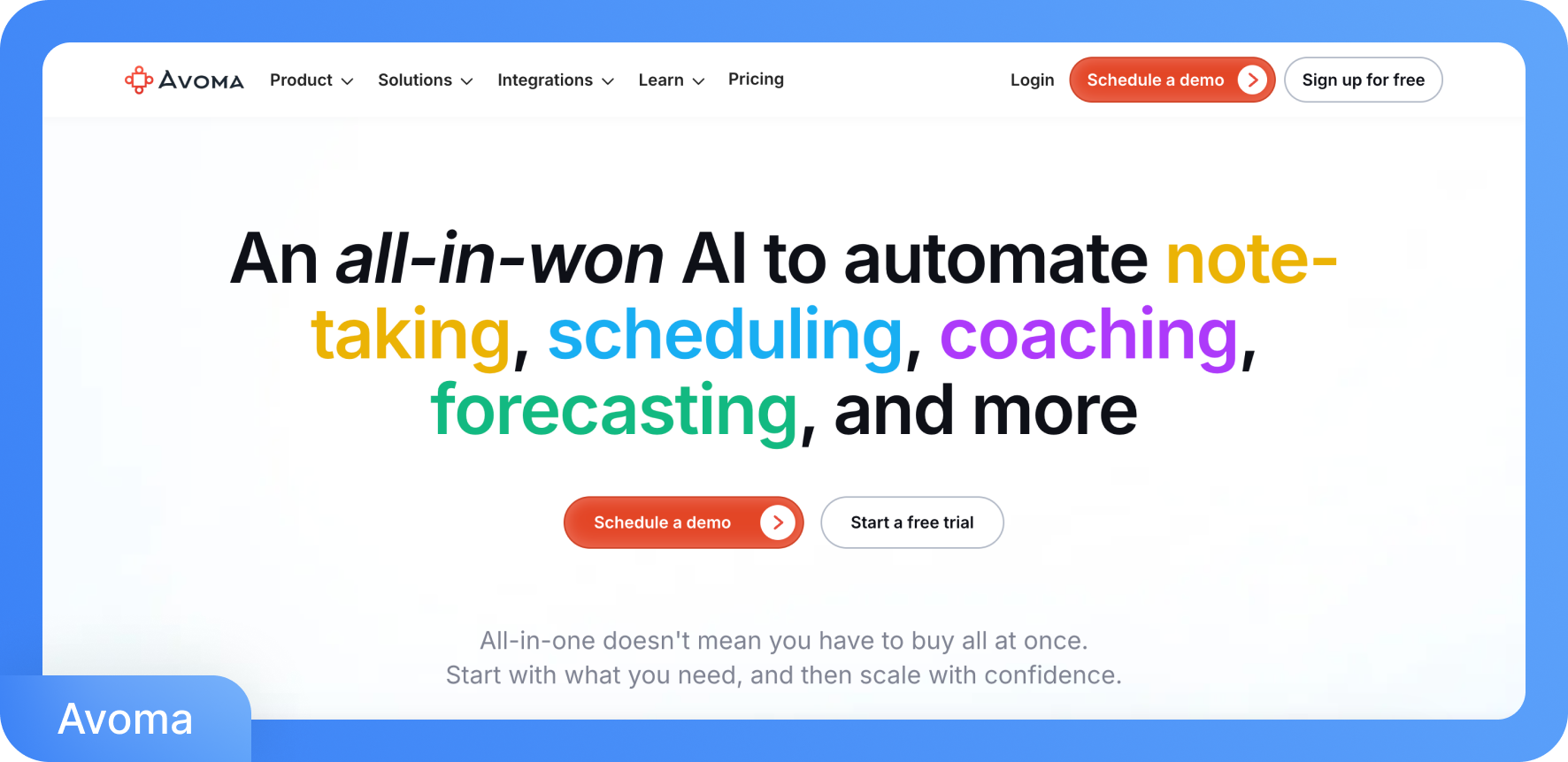 노트 작성, 일정 관리, 코칭, 예측 등을 자동화하는 올인원 AI를 표방하는 Avoma 웹사이트 홈페이지
