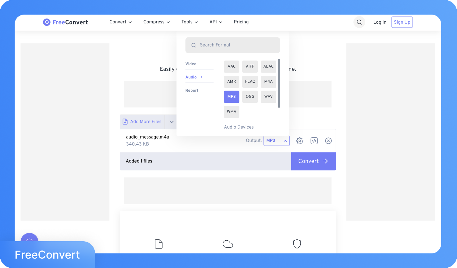 Скріншот сайту FreeConvert, на якому аудіофайл «audio_message.m4a» конвертується у формат MP3.