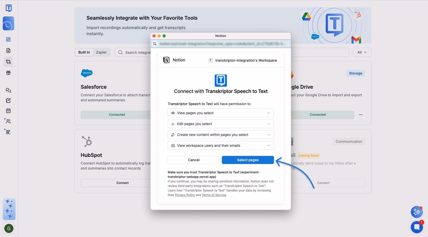 Інтеграція Notion з Transkriptor для перетворення мови в текст.