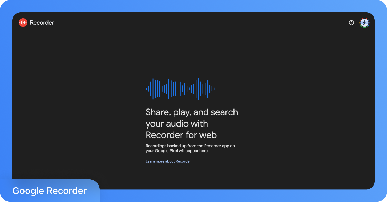 Веб-версия приложения Google Recorder с визуализацией звуковой волны.