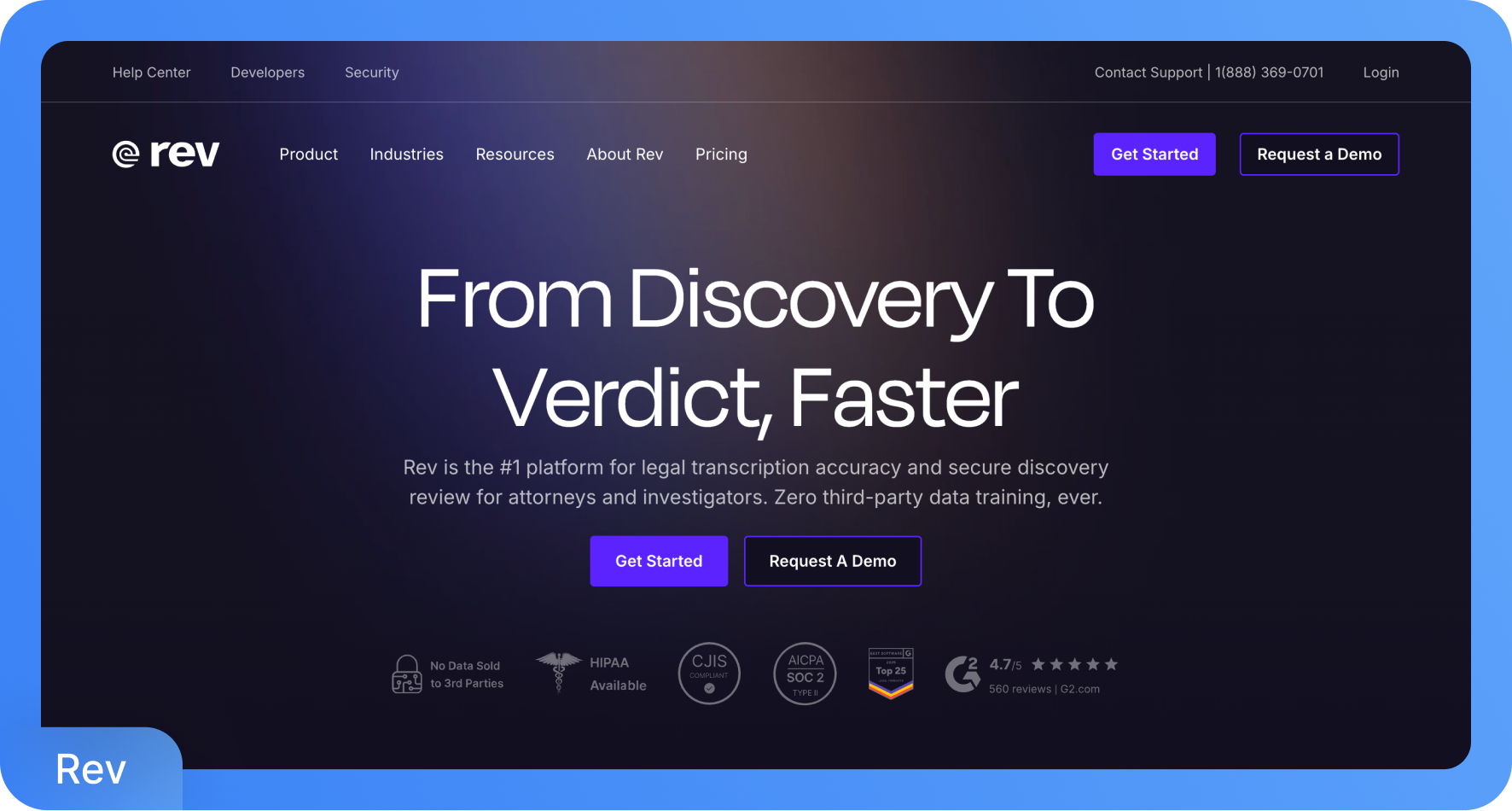 Uno screenshot della homepage di Rev.com con lo slogan "Dalle indagini al verdetto, più velocemente" e informazioni sui servizi di trascrizione legale.