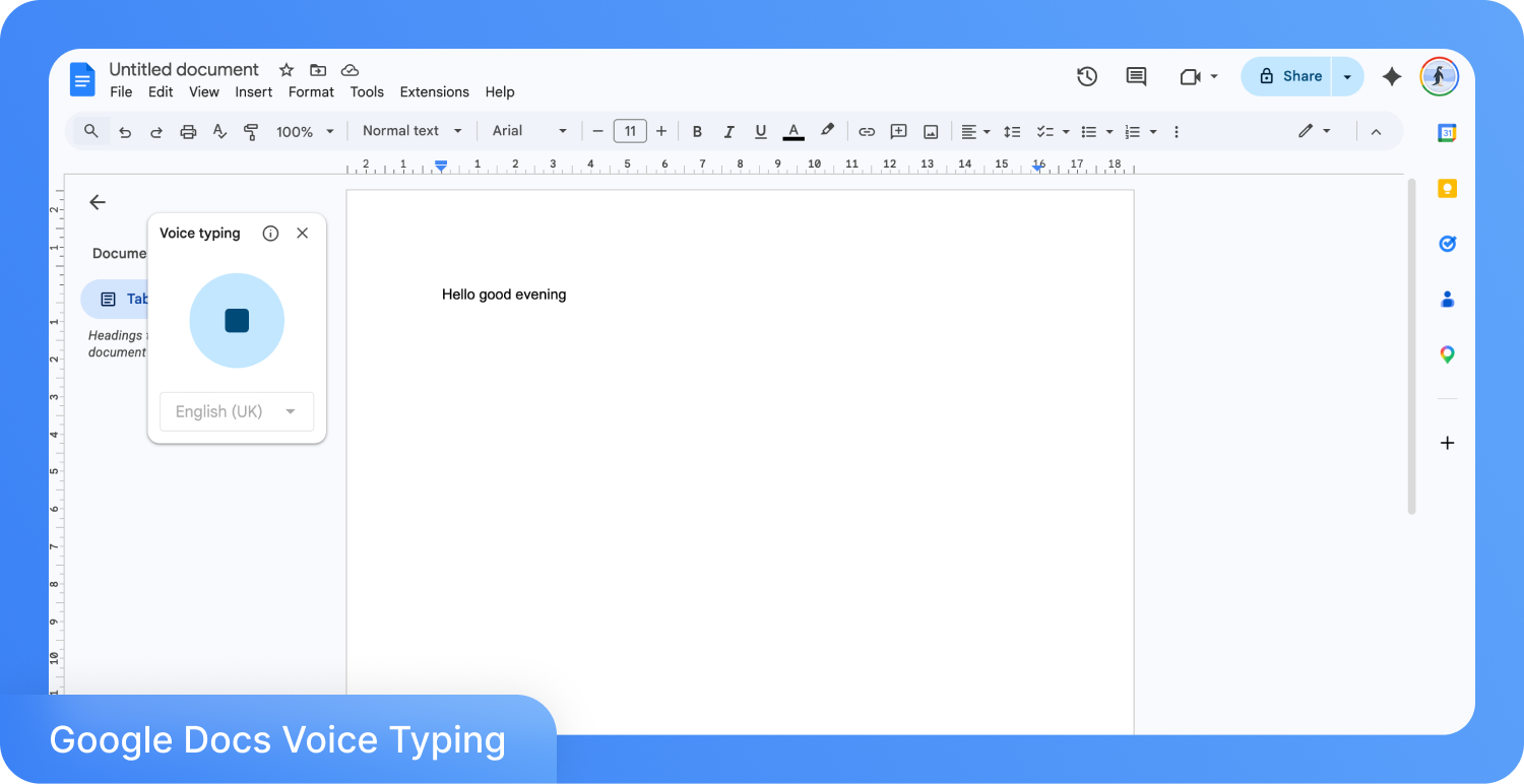 Screenshot van de Google Docs-functie voor spraakgestuurd typen met de tekst "Hallo, goedenavond" op het scherm