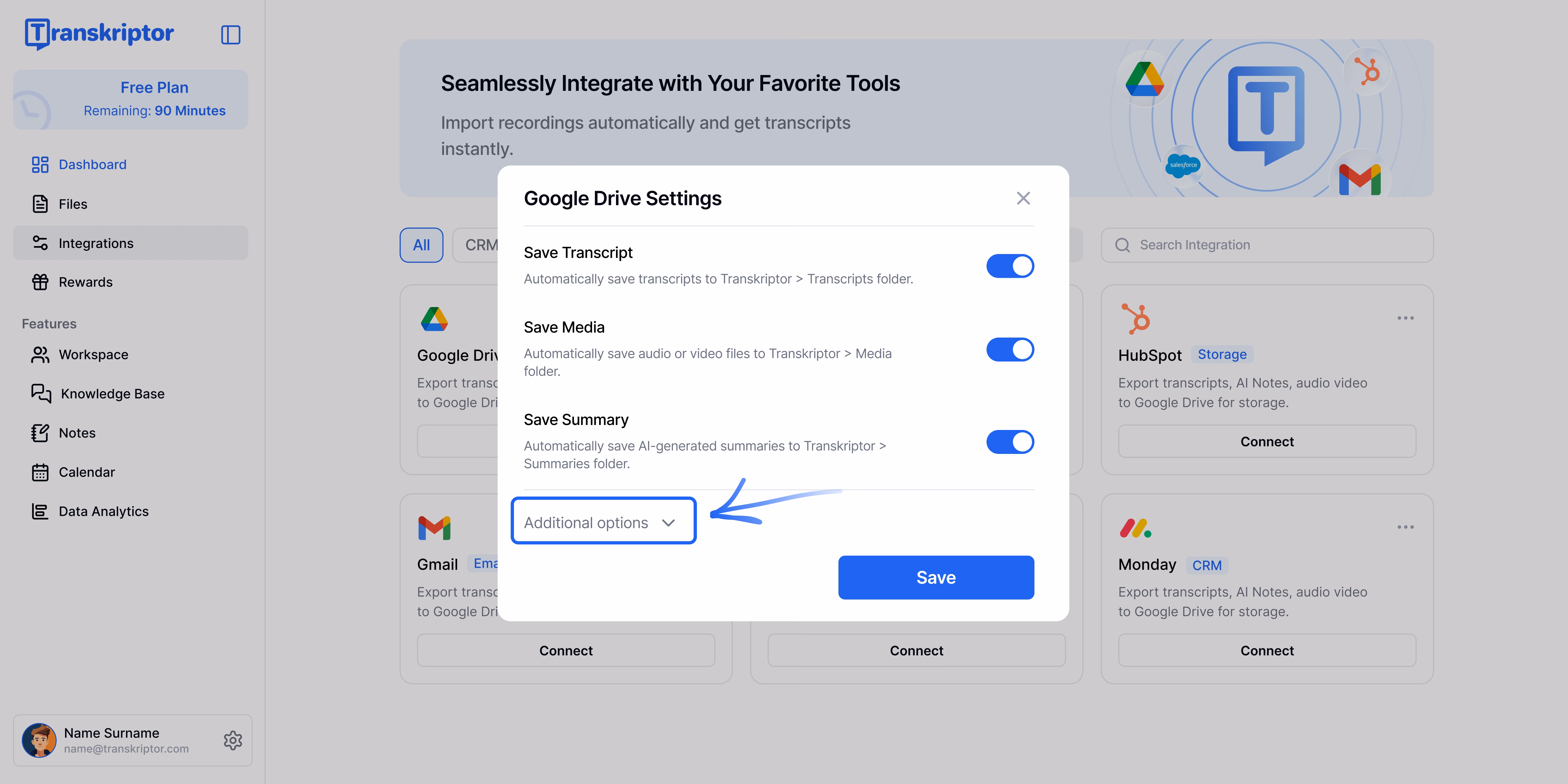 Nastavení integrace s Google Drive v rozhraní Transkriptoru zobrazující možnosti ukládání přepisů, médií a souhrnů.