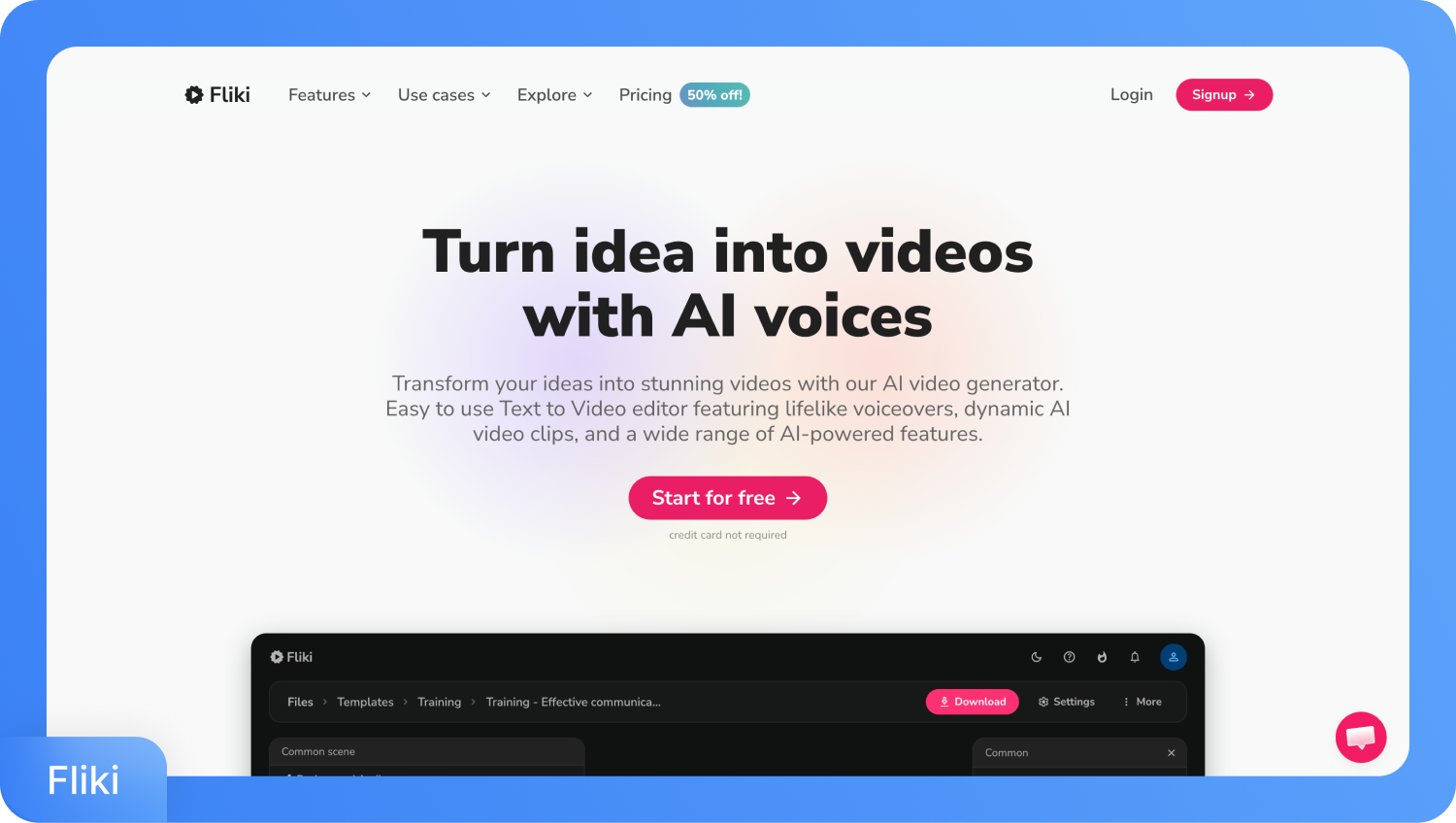 Снимка на началната страница на Fliki, показваща текста „Превърнете идеите си във видеоклипове с AI гласове“ и бутон „Започнете безплатно“.