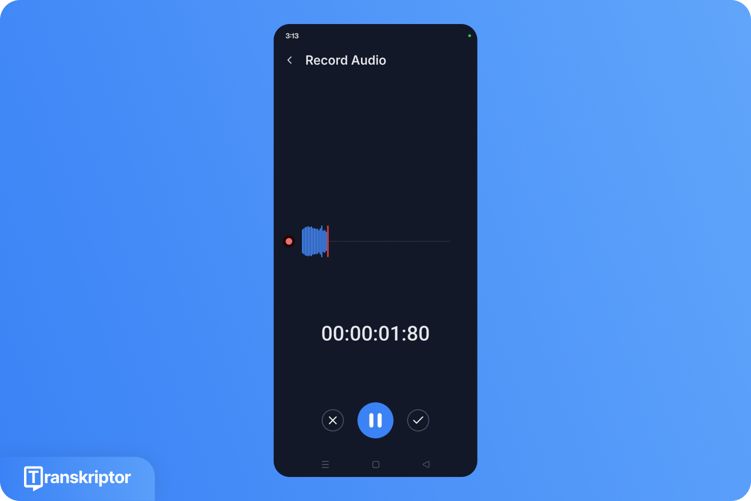 Ein Smartphone-Bildschirm im Dunkelmodus mit einer Audio-Aufnahme-App, Wellenform und Timer bei 00:00:01:80.