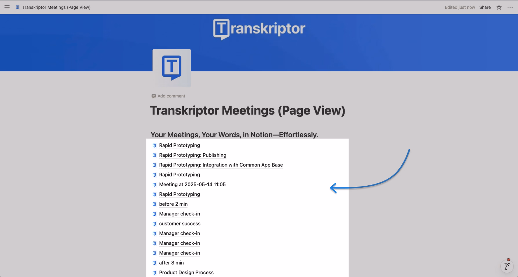 Інтеграція Notion з Transkriptor, що показує перегляд сторінки зустрічей.