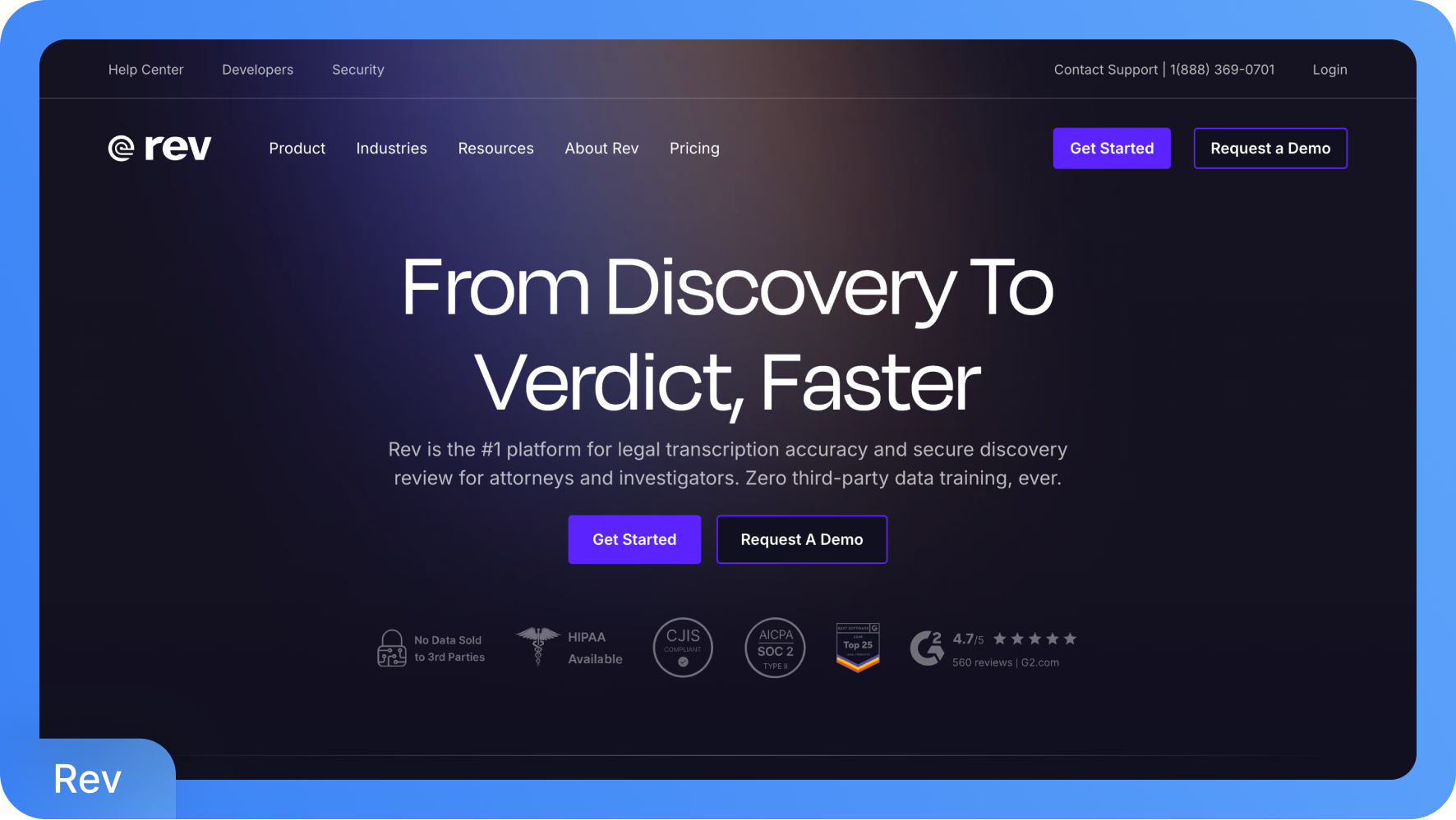 Screenshot der Rev.com-Homepage, einer Plattform für juristische Transkription und Discovery-Reviews mit der Schlagzeile „From Discovery To Verdict, Faster“.