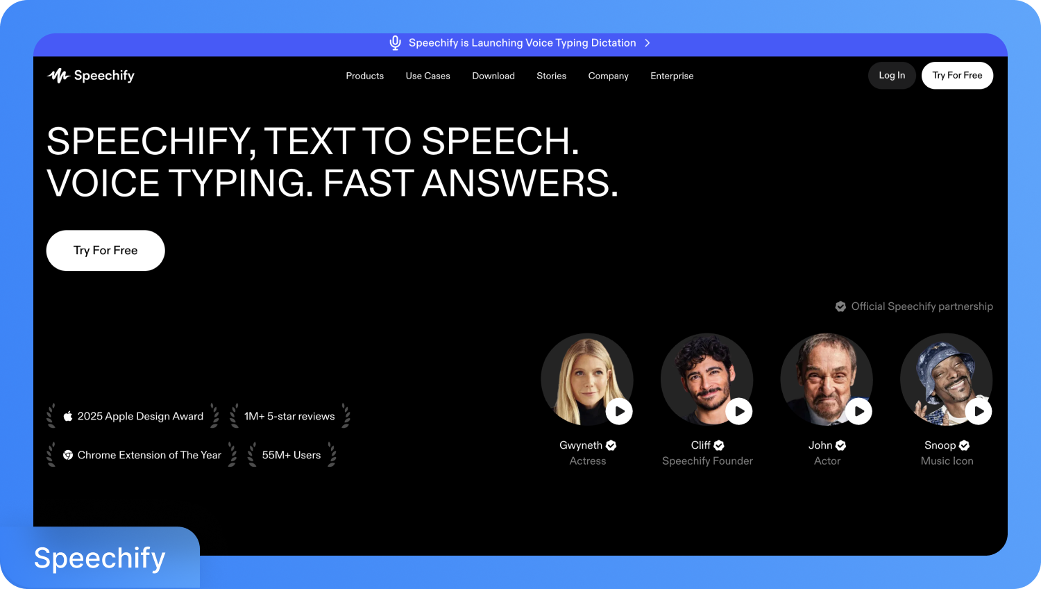 Скрийншот на началната страница на Speechify, показващ технологията текст-към-реч с отзиви от известни личности като Гуинет Полтроу, Клиф Вайцман, Джон и Снуп Дог.