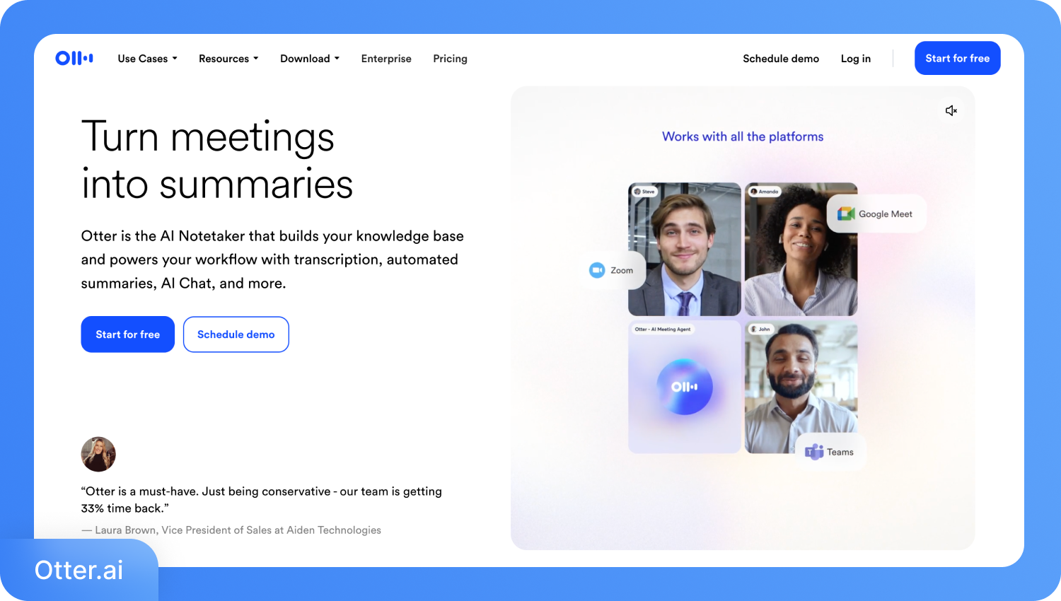 Captura de tela da página inicial do Otter.ai mostrando como o assistente de IA transforma reuniões em resumos em plataformas como Zoom e Google Meet.