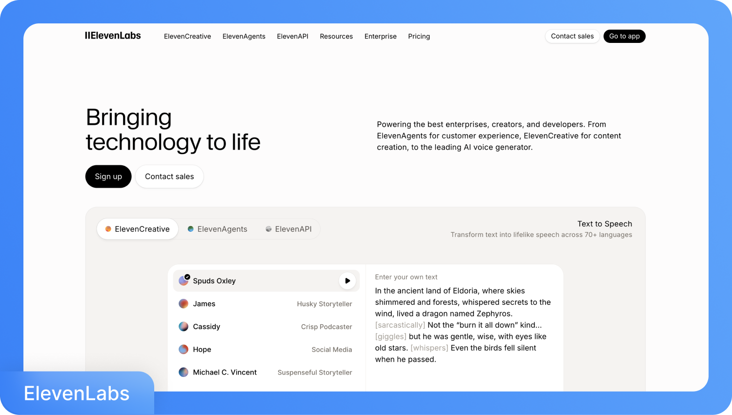 Екранна снимка на уебсайта на ElevenLabs, показваща функциите за изкуствен интелект и различните опции за гласове.