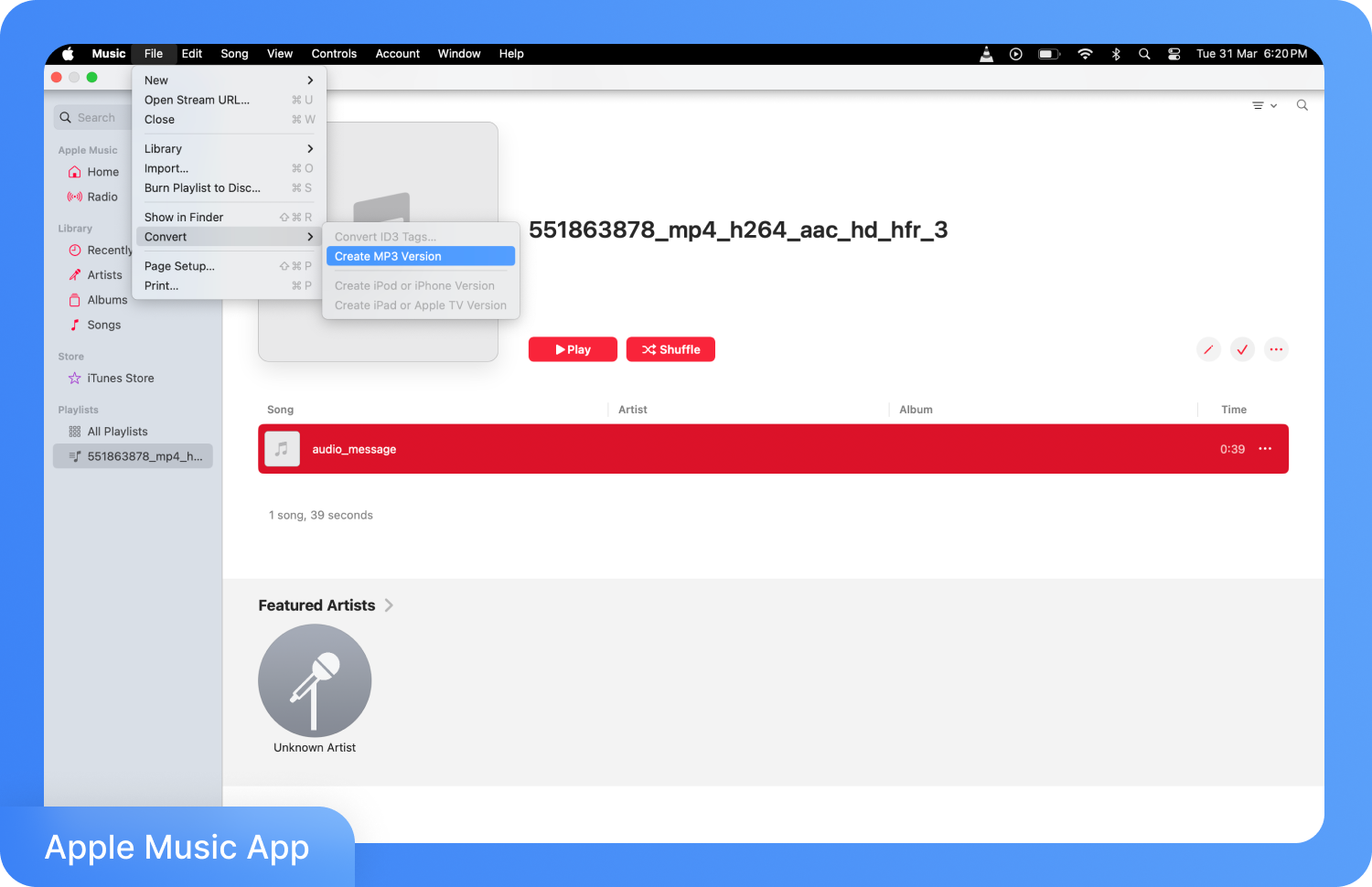 Скриншот додатка Apple Music з вибраним меню «Convert» і виділеним пунктом «Create MP3 Version», що демонструє процес конвертації голосової замітки в MP3.