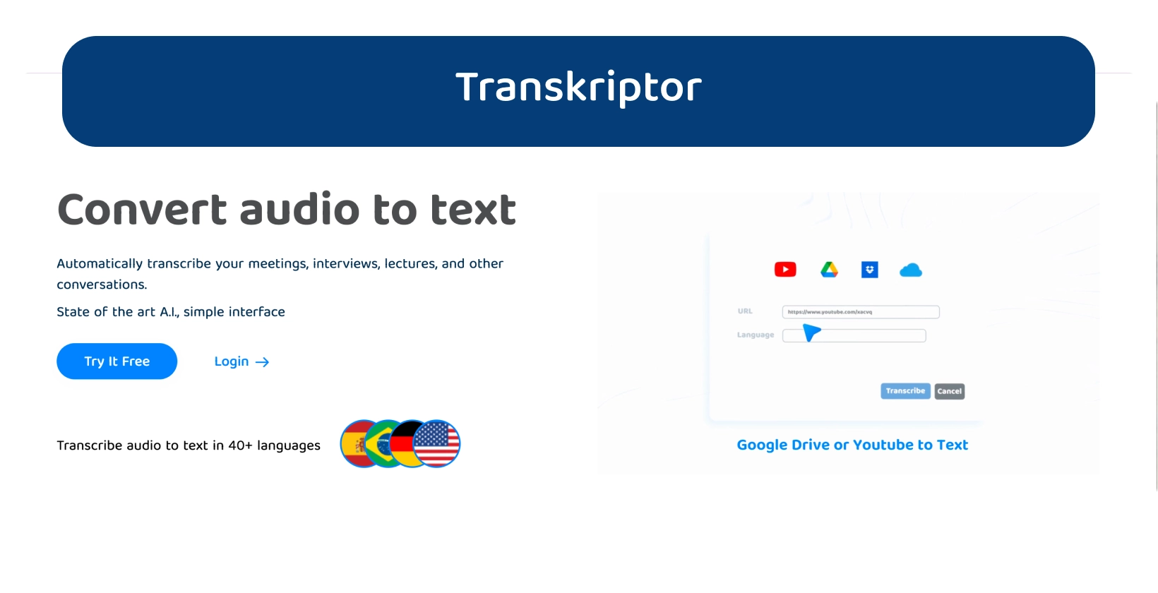 Dasbor Transkriptor yang menampilkan fitur konversi audio ke teks untuk proses transkripsi yang efisien.