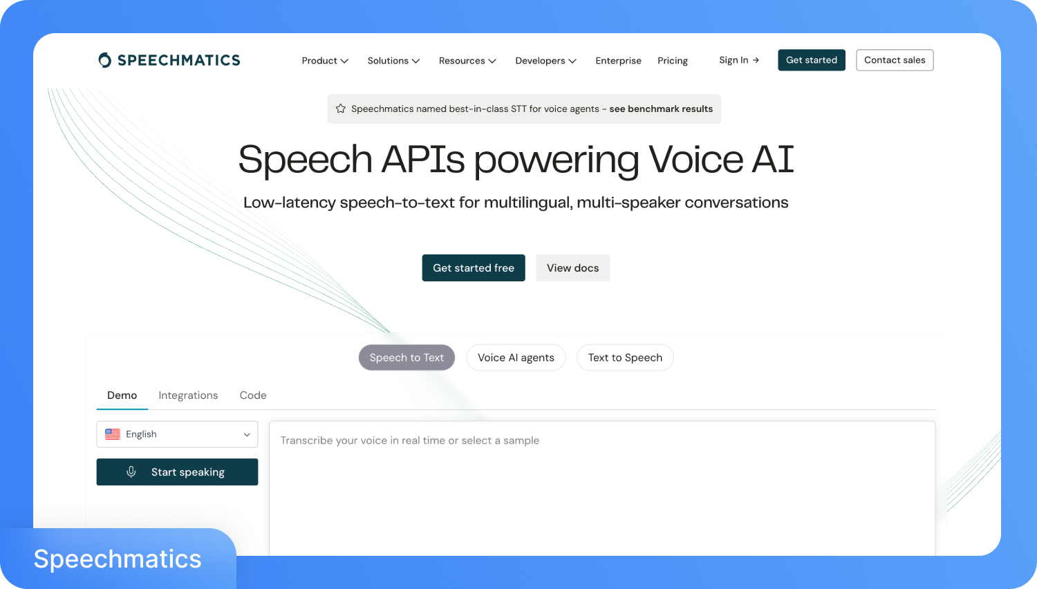 Uma captura de tela da página inicial da Speechmatics, exibindo 'APIs de Fala impulsionando IA de Voz' e uma demonstração de fala para texto.