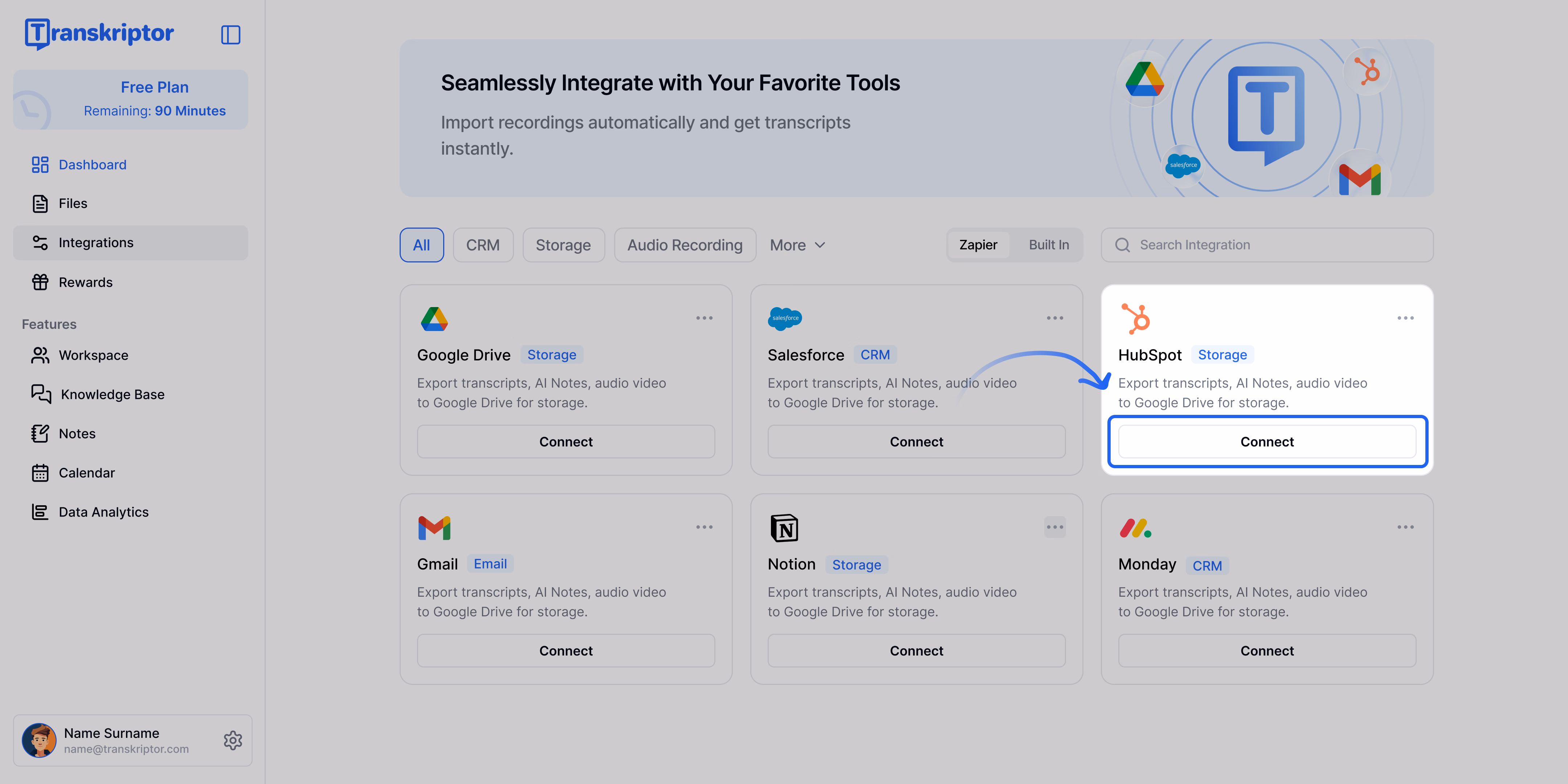 Transkriptor prietaisų skydelis su paryškinta HubSpot integracijos galimybe.
