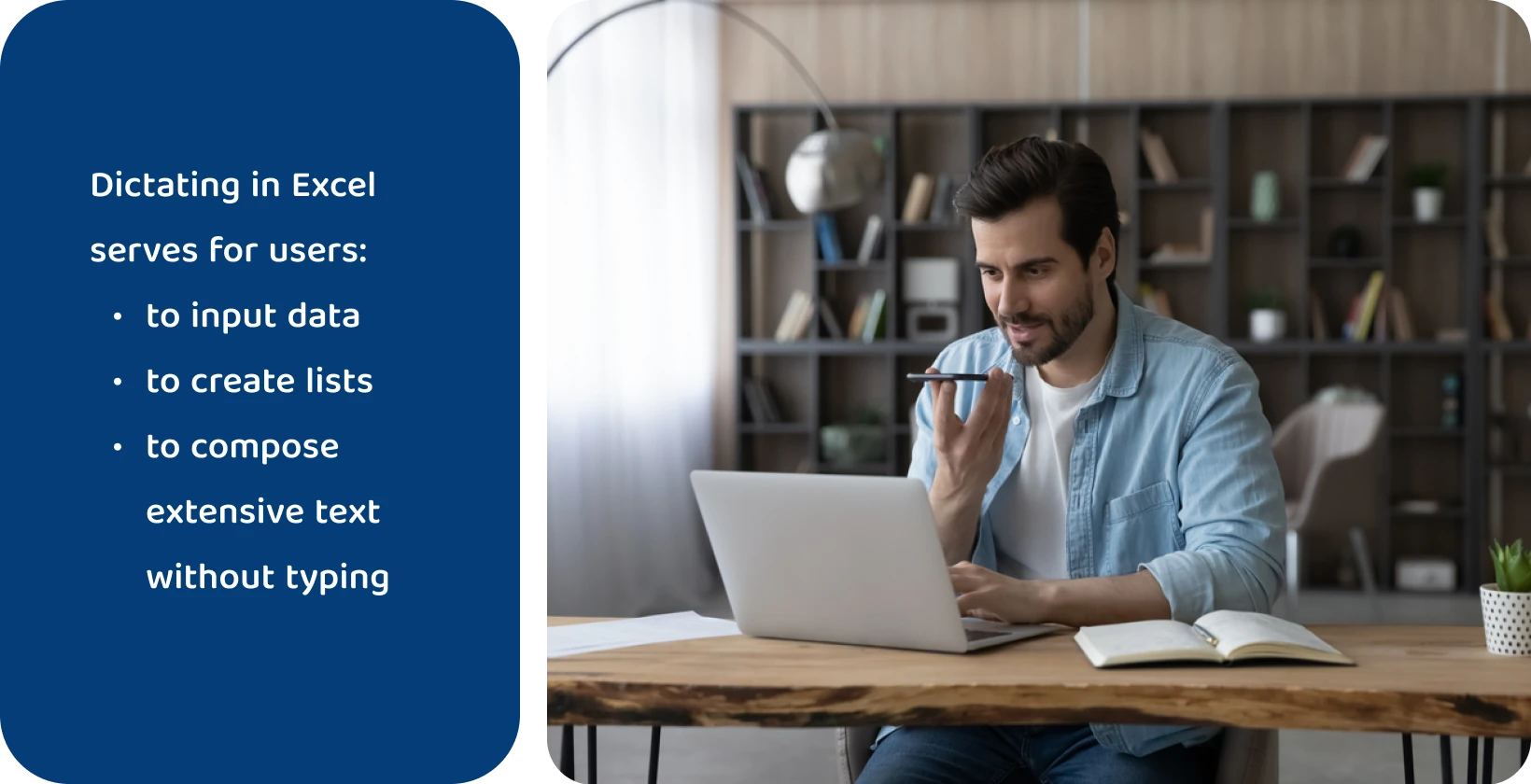 Pria sedang mendiktekan data ke Excel di laptopnya, menunjukkan cara memasukkan data ke spreadsheet tanpa mengetik.