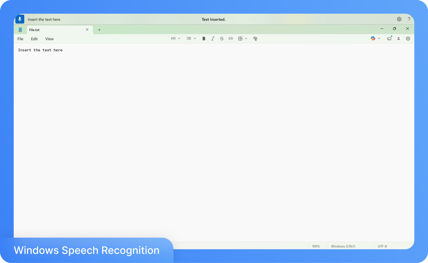 Een screenshot van een tekstverwerker met de tekst "Voeg de tekst hier in", ter demonstratie van Windows Spraakherkenning.