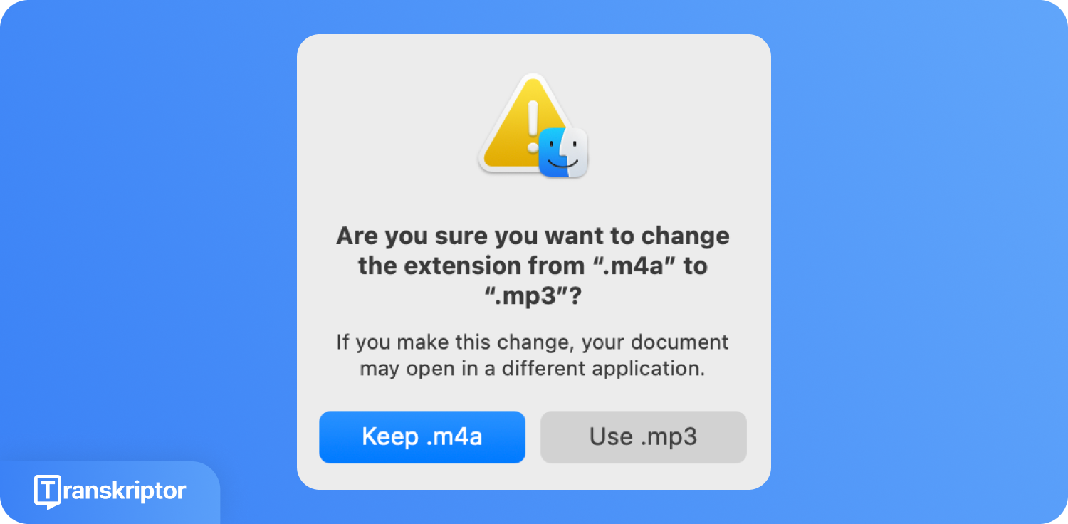 Спливаюче вікно з запитанням, чи хоче користувач змінити розширення з .m4a на .mp3, з варіантами «Залишити .m4a» або «Використати .mp3».