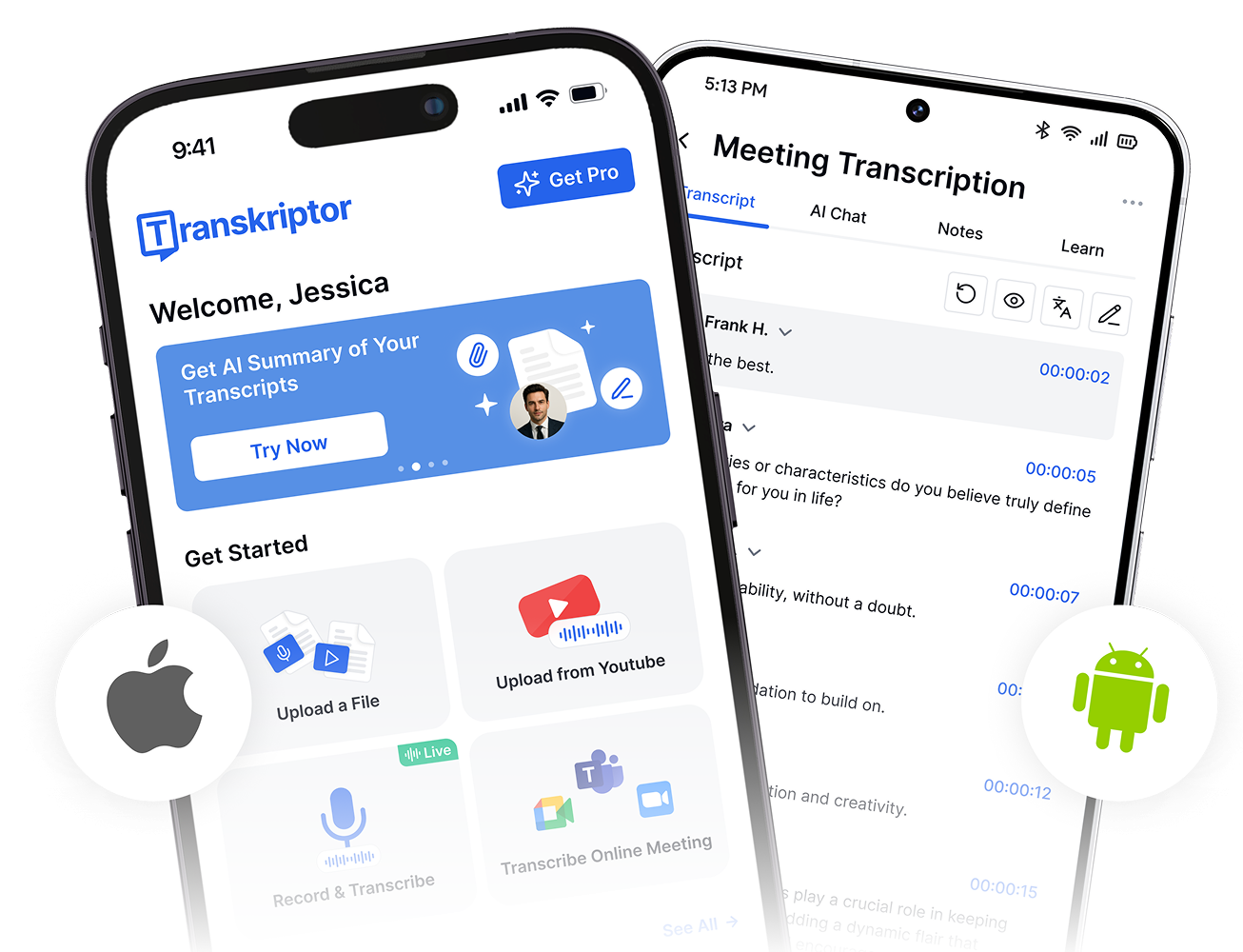 텍스트 변환 및 AI 요약 기능이 표시된 Transkriptor 앱 인터페이스의 스마트폰 두 대.