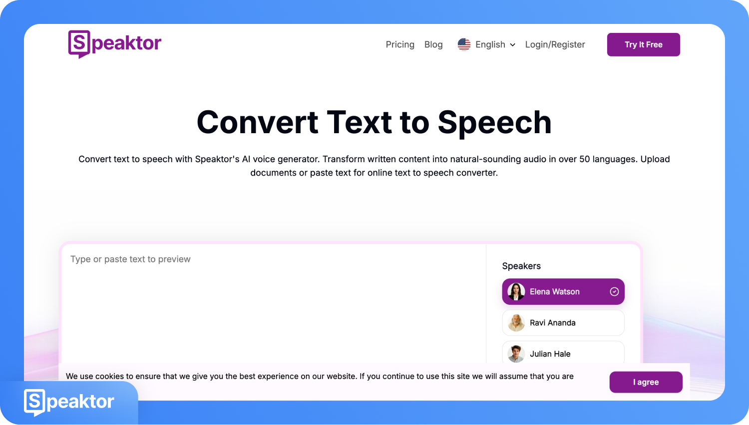Скрийншот от уебсайта на Speaktor, демонстриращ възможностите за преобразуване на текст в реч с избор на глас.