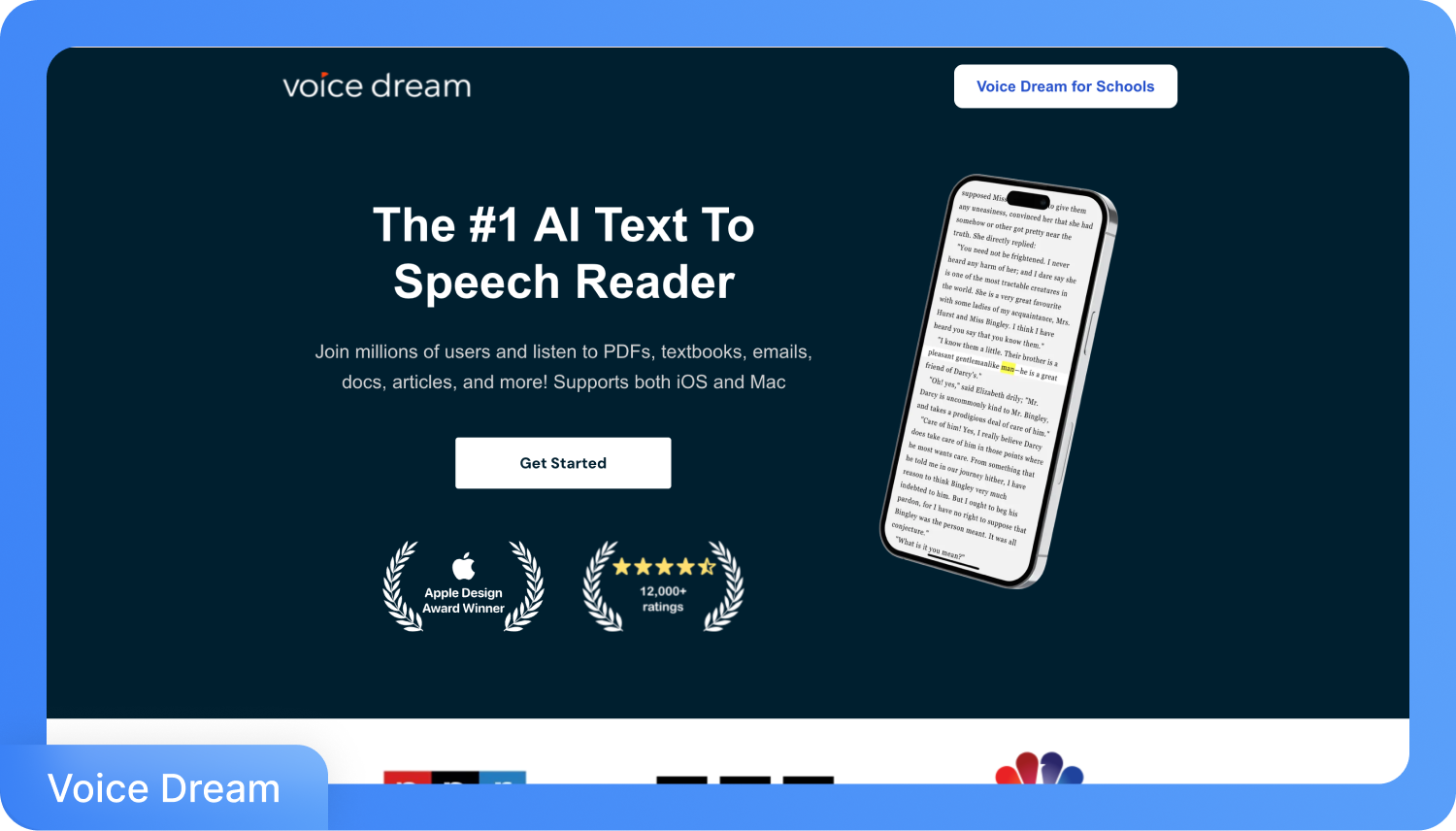 Потребителски интерфейс на софтуера за преобразуване на текст в реч Voice Dream на тъмен фон, показващ четене на текст на телефон, със заглавие „#1 AI четец на текст“ и баджове „Apple Design Award“ и „12 000+ оценки“.