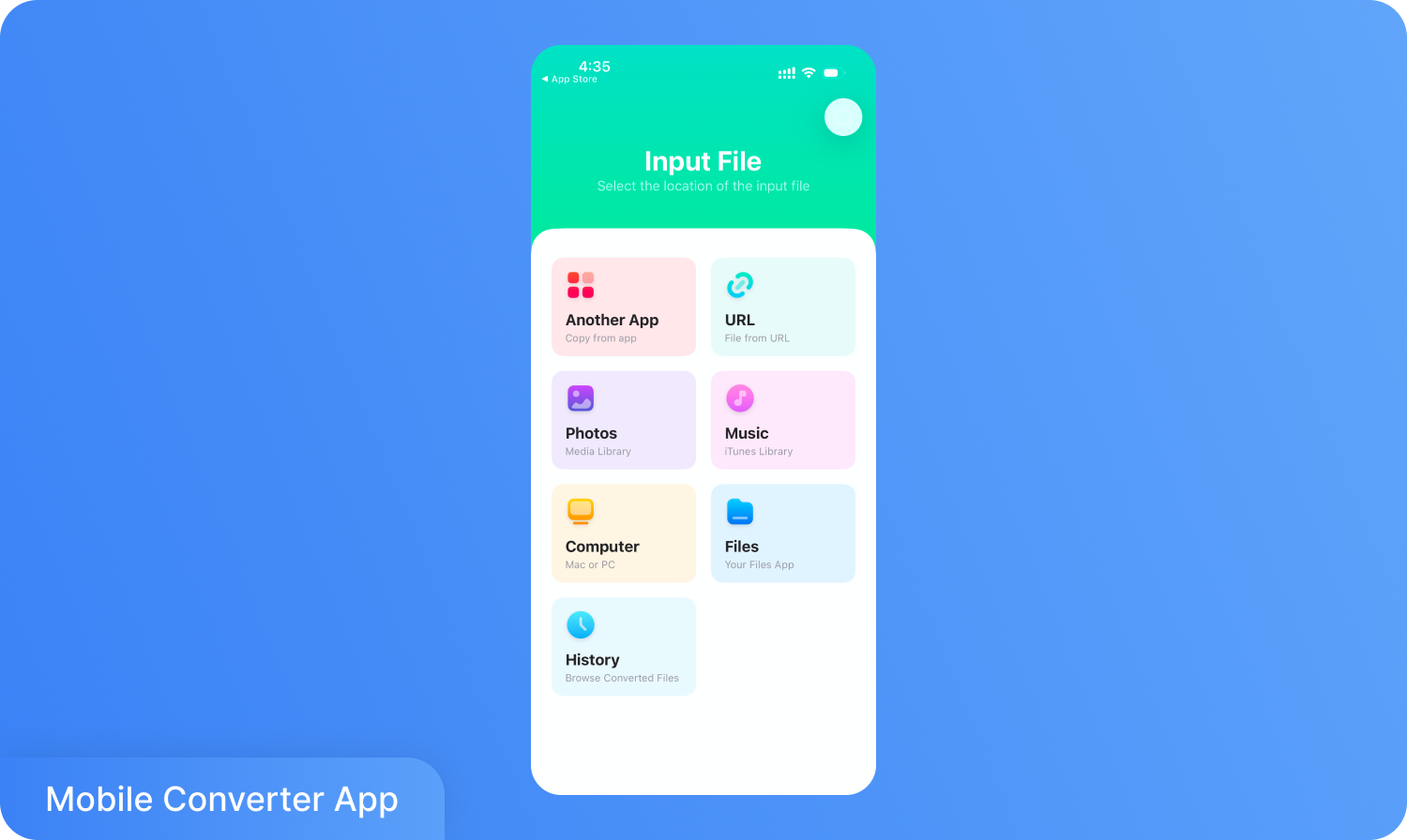 Екран мобільного додатка з опціями вибору вхідного файлу з різних джерел: фото, музика, файли або URL.