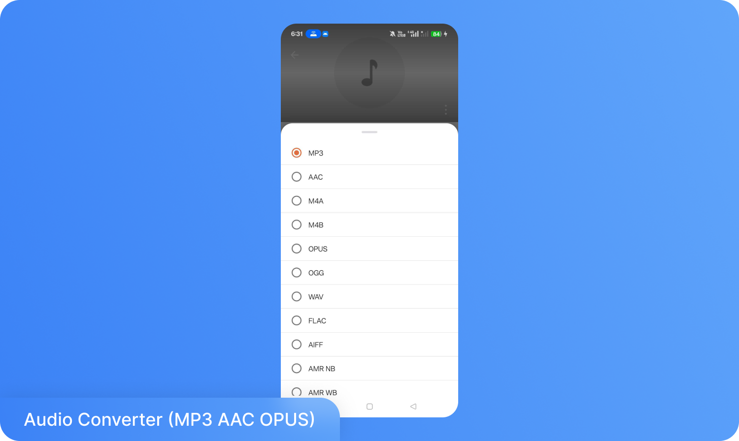 Екран смартфона з відкритим аудіоконвертером. У додатку відображено список аудіоформатів, де обрано MP3 для конвертації голосової нотатки.