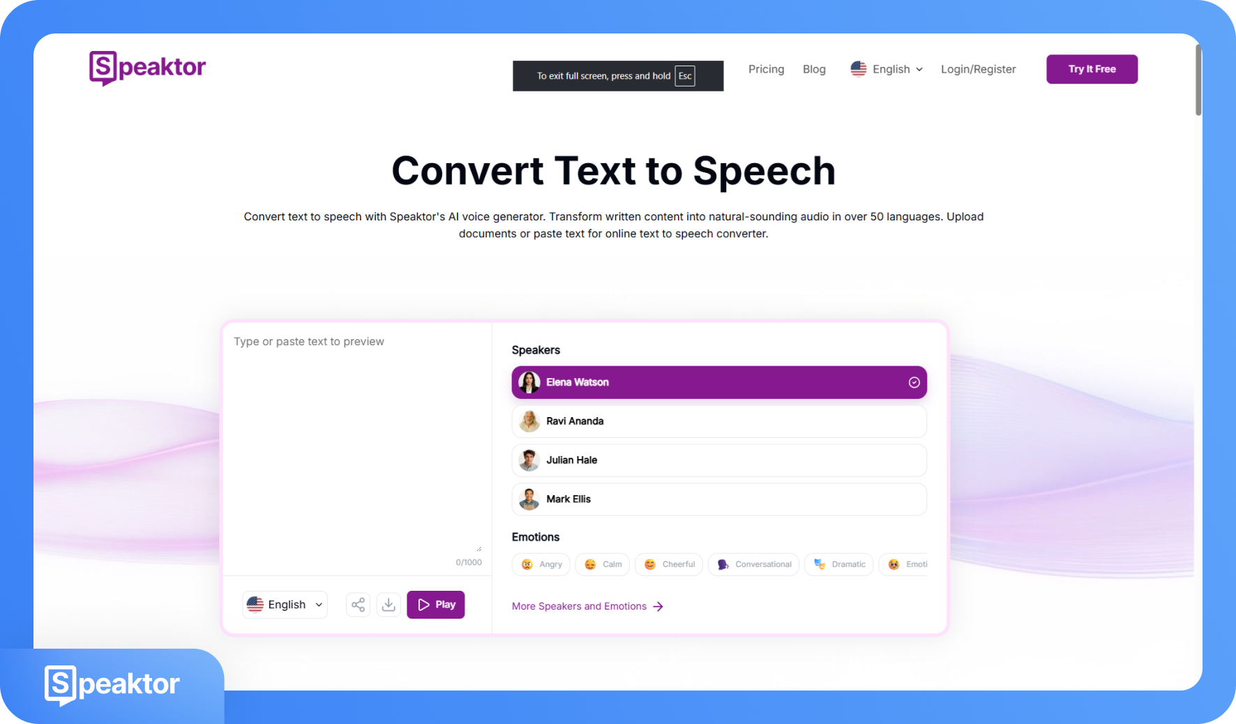 Capture d'écran de l'interface « Convertir le texte en parole » de Speaktor, avec les options de profil vocal et d'émotions.