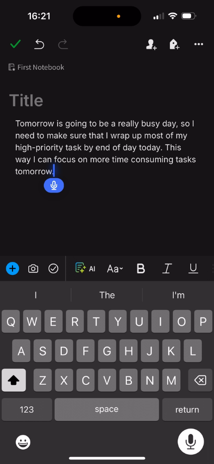 Arayüz, dikte edilen sesten elde edilen transkripsiyon metnini gösteriyor.