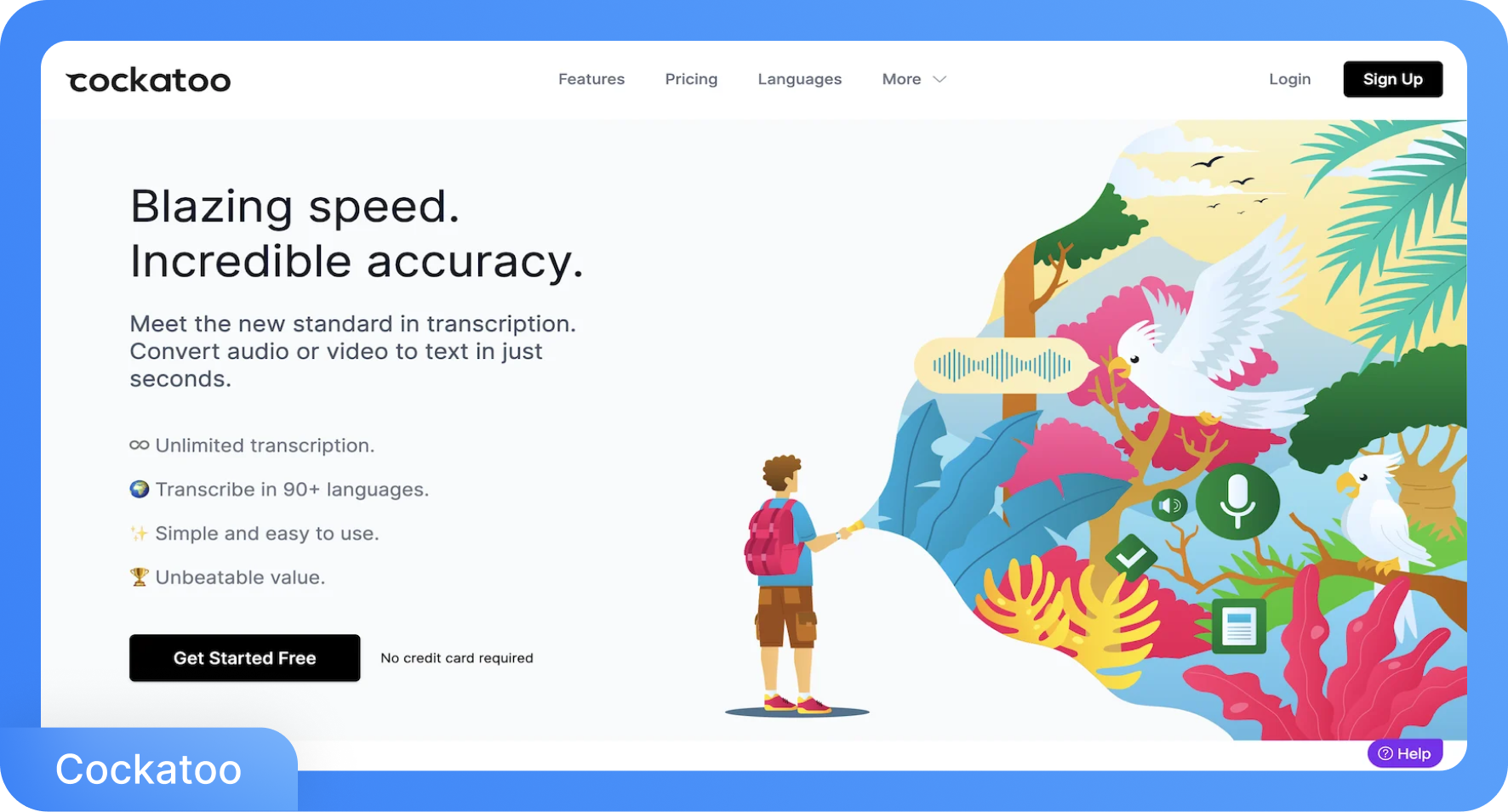 Cockatoo transkripsiyon hizmeti ana sayfasının ekran görüntüsü; bir adam, iki kakadu kuşu ve transkripsiyonla ilgili çeşitli ikonlar içeriyor.