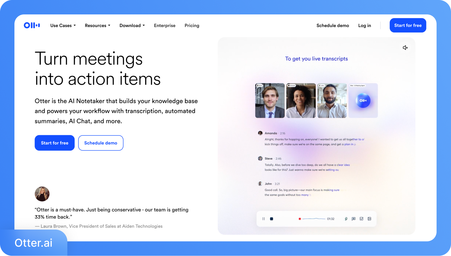 Screenshot van de Otter.ai-homepage waarop transcripties, de AI-notulist en live transcripten te zien zijn.