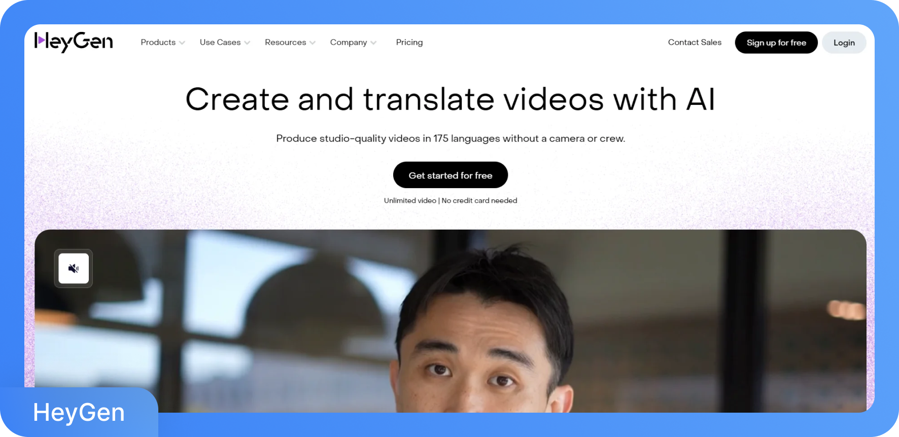 Page d'accueil de la plateforme de création vidéo HeyGen AI avec une capture d'écran de l'interface vidéo et des options du menu.