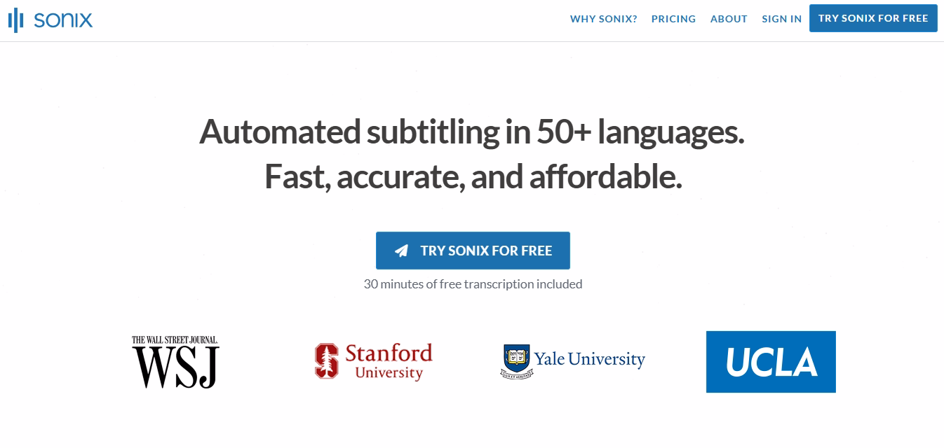 Рекламний банер для Sonix, що пропонує автоматичне створення субтитрів на понад 50 мовах із безкоштовним пробним періодом.