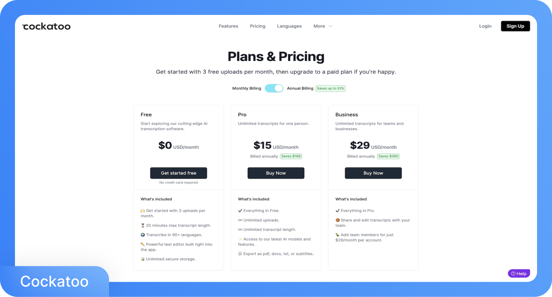 Cockatoo transkripsiyon yazılımı fiyat planlarının ekran görüntüsü: Ücretsiz, Pro (aylık 15$) ve İşletme (aylık 29$).