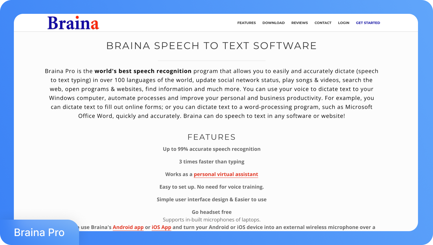 Captura de tela do site do software de fala para texto Braina Pro, destacando recursos como 99% de precisão e capacidades de assistente virtual.