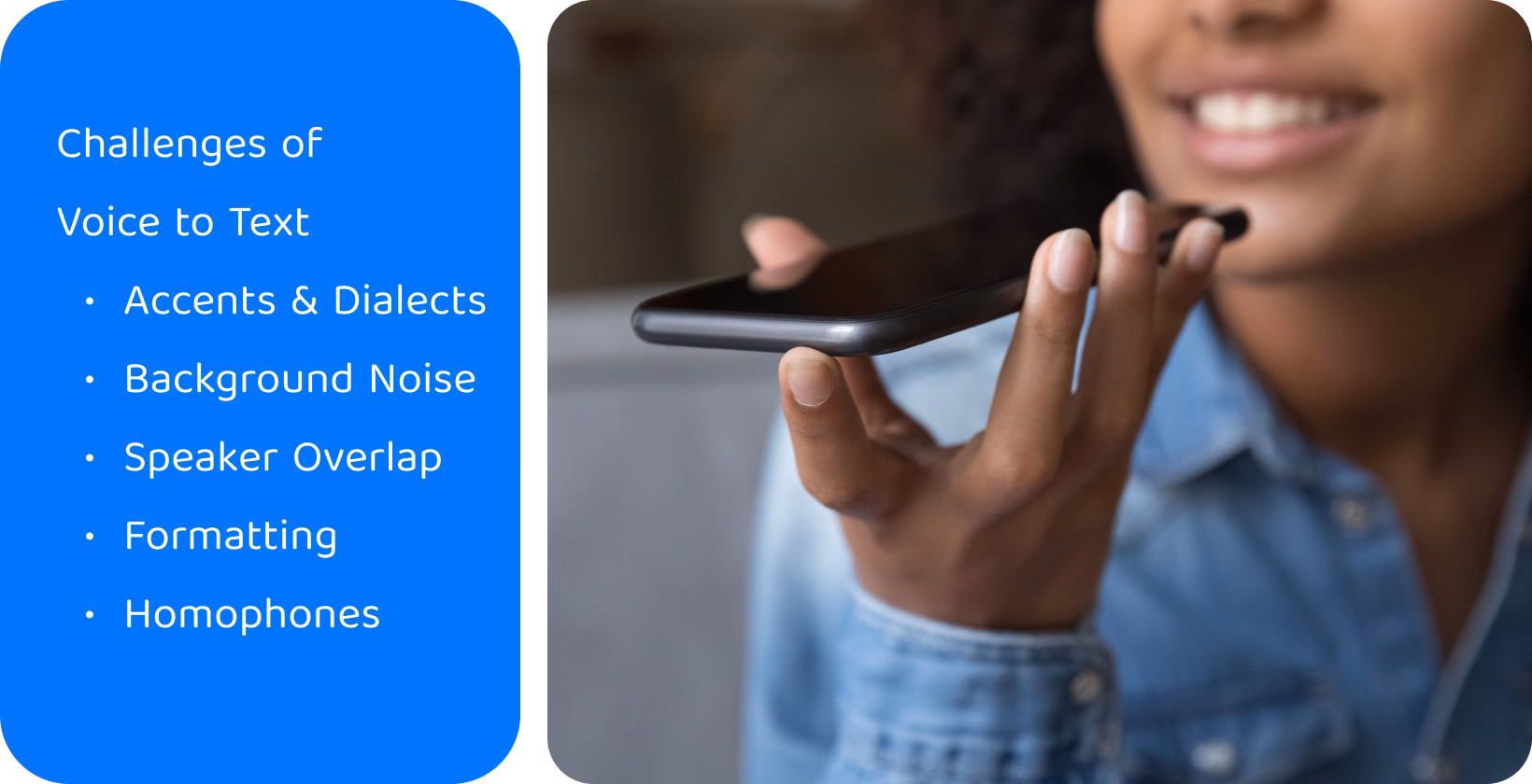 Девушка использует технологию преобразования голоса в текст на смартфоне, справляясь с акцентом и шумом для получения точной транскрипции.