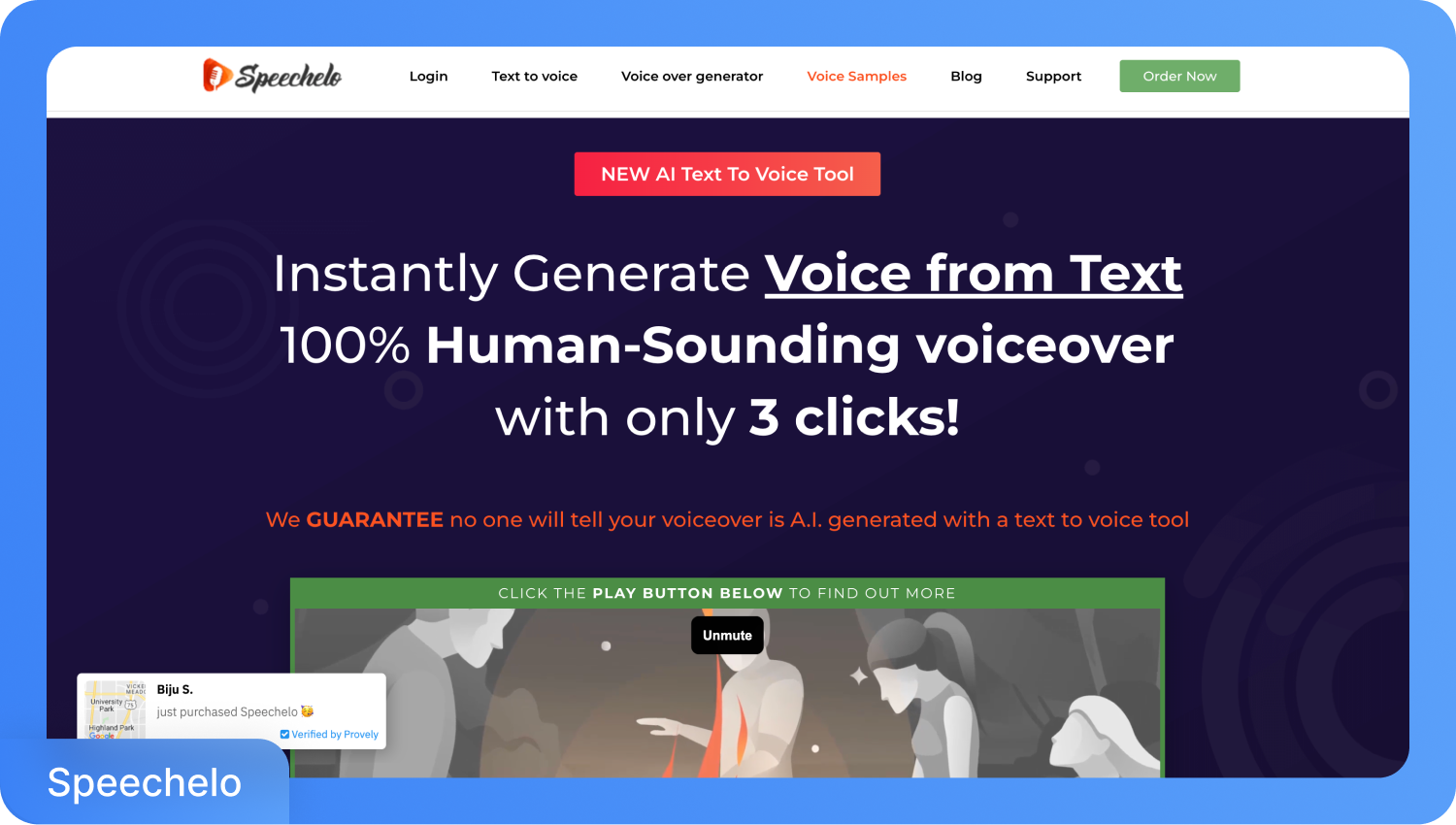 Уебсайтът на Speechelo предлага „Незабавно генериране на глас от текст“ с реалистични вокални записи, AI инструмент и видеоплейър.