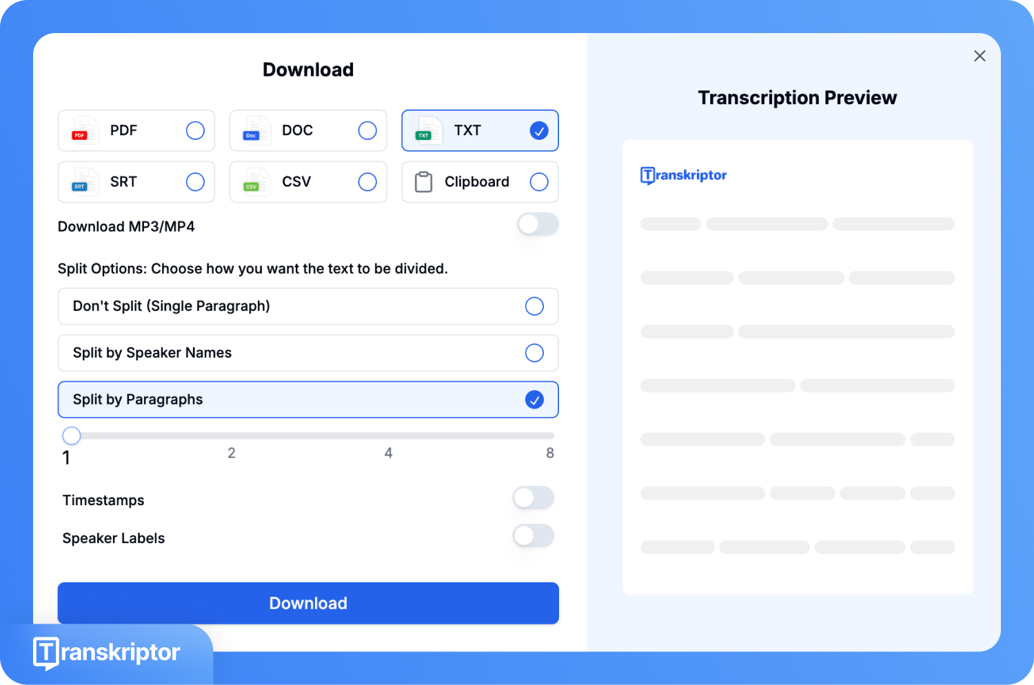 Screenshot der Transkriptor-Benutzeroberfläche mit Download-Optionen für die Transkription und Vorschau.