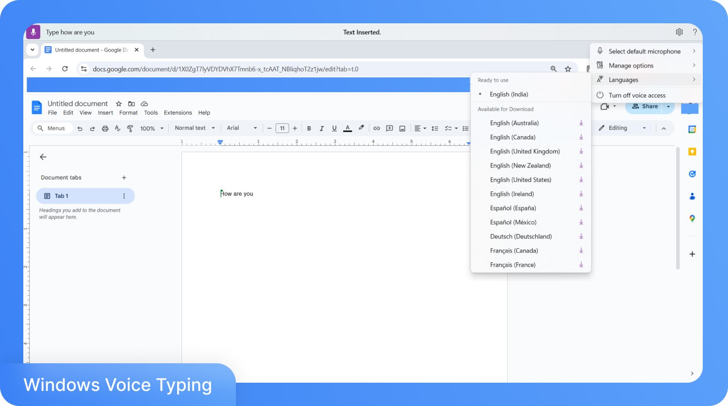 Captura de tela do Google Docs mostrando a digitação por voz com a frase "Como você vai?" transcrita e um menu de seleção de idiomas para o software de ditado do Windows.