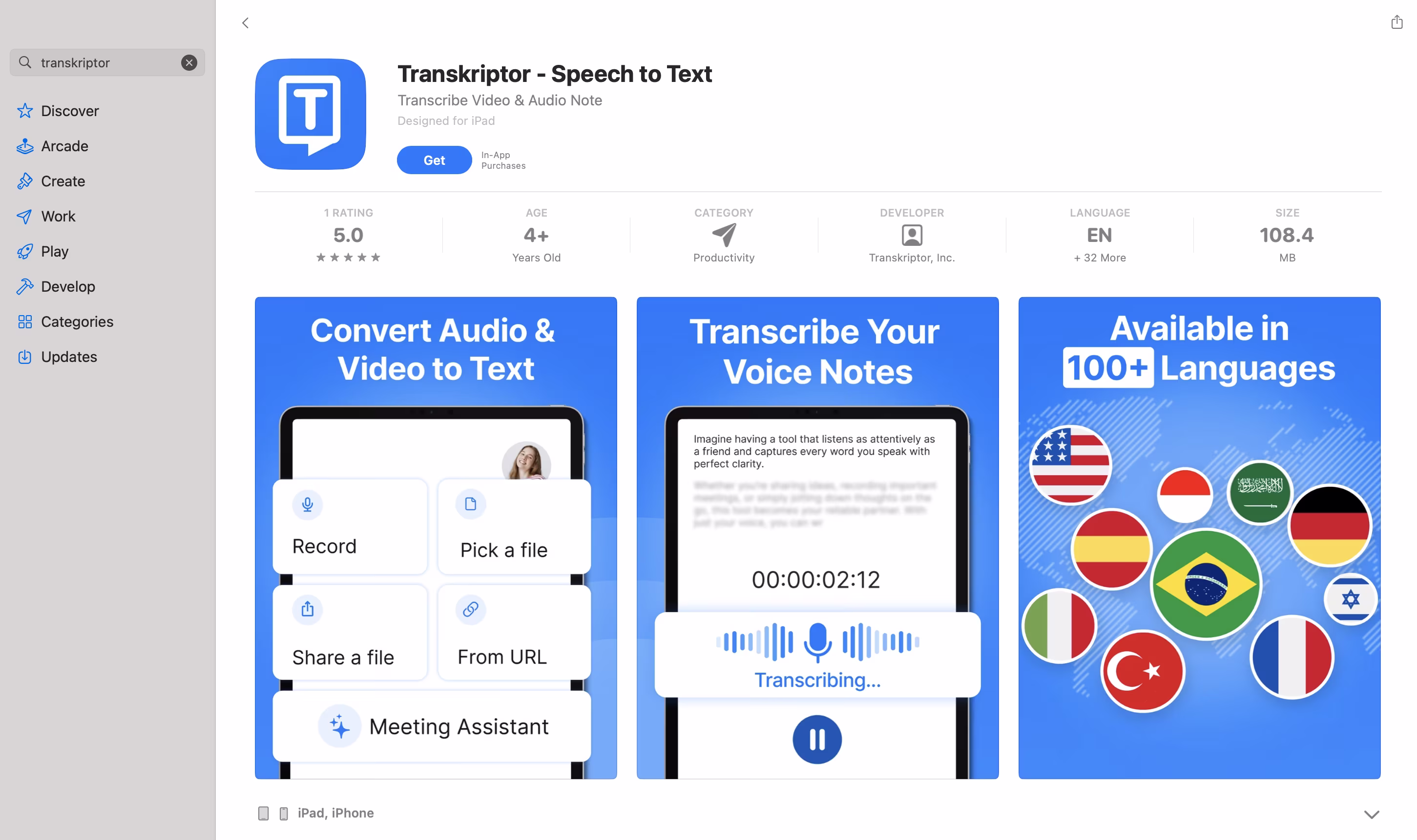 „Transkriptor“ programėlė „App Store“ parduotuvėje: greitas balso pavertimas tekstu efektyviam darbui.